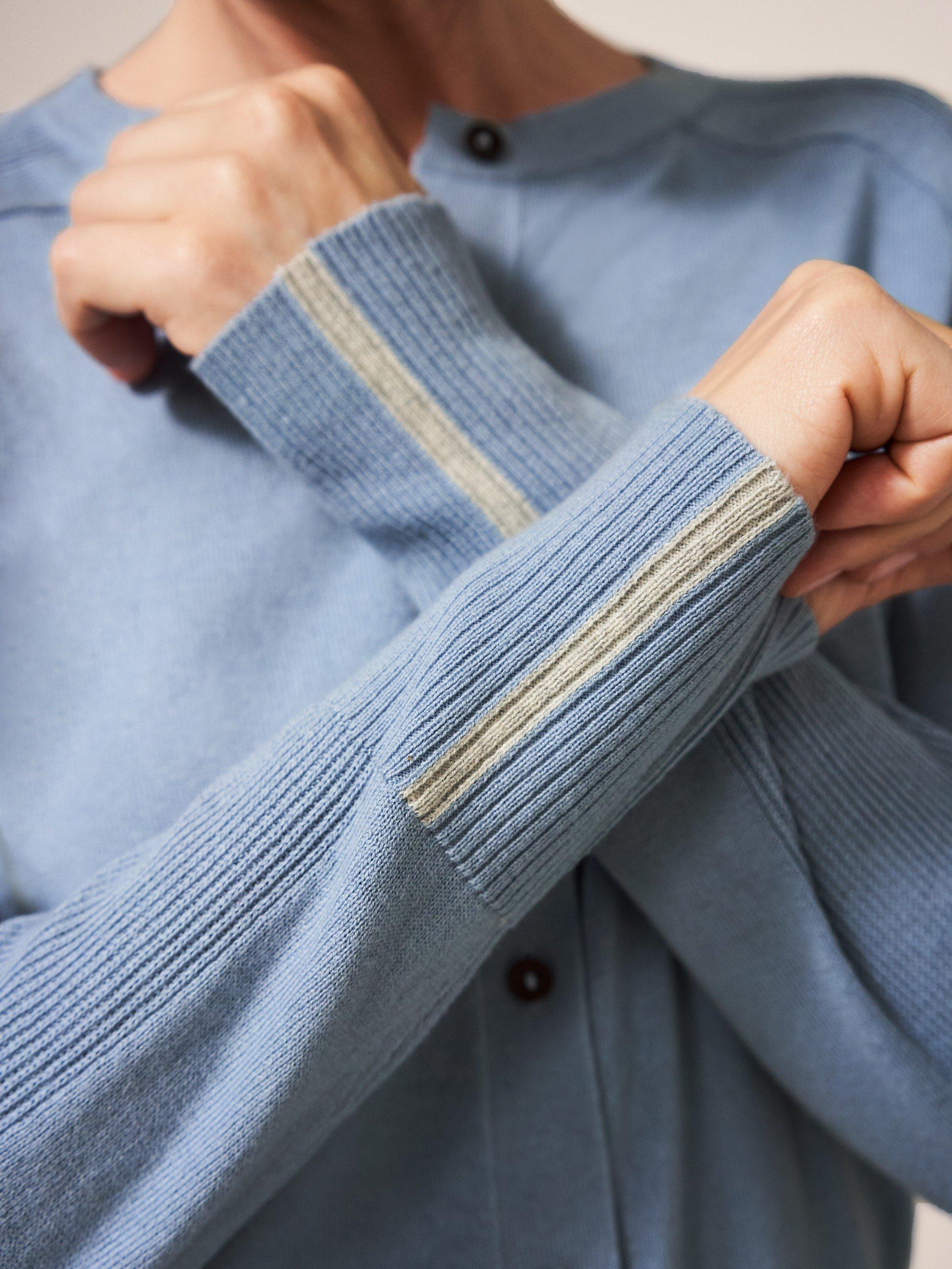 Libby Crew Neck Cardi in MID BLUE - MODEL DETAIL