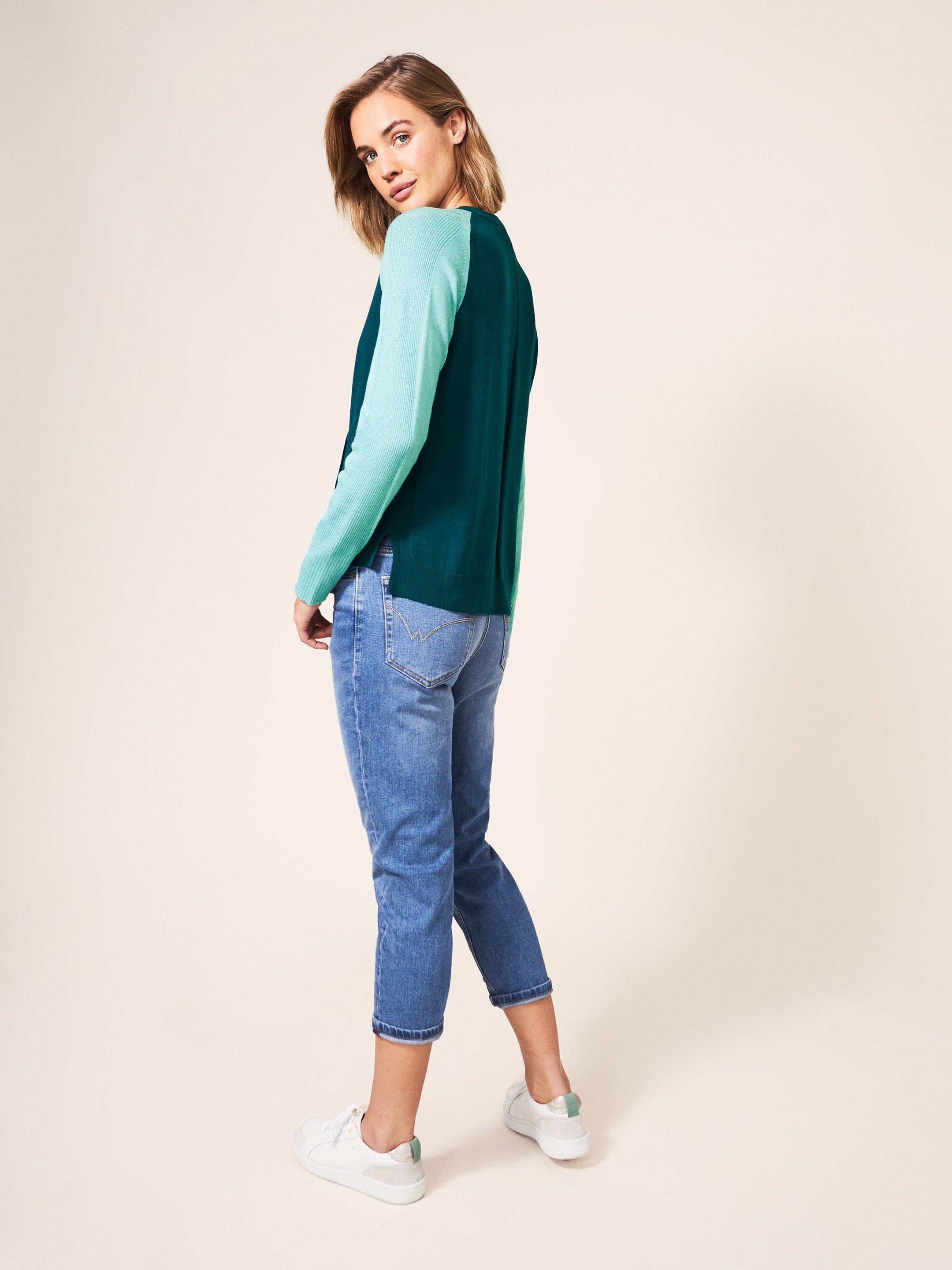 Libby Crew Neck Cardi in MID TEAL - MODEL BACK