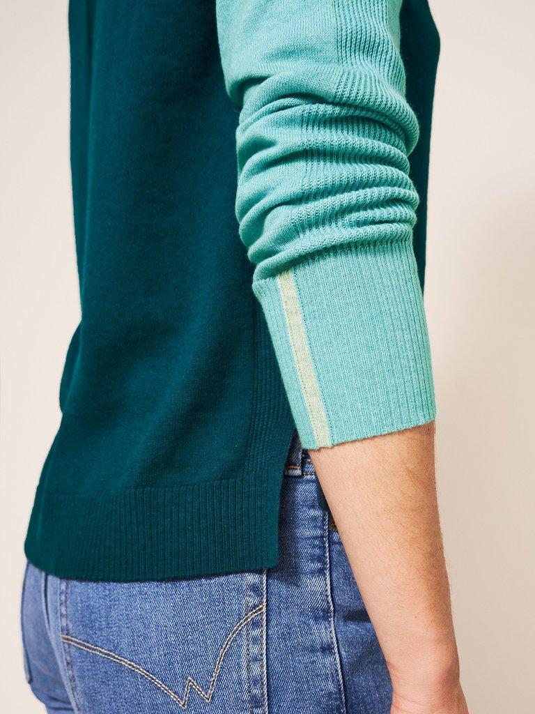 Libby Crew Neck Cardi in MID TEAL - MODEL DETAIL