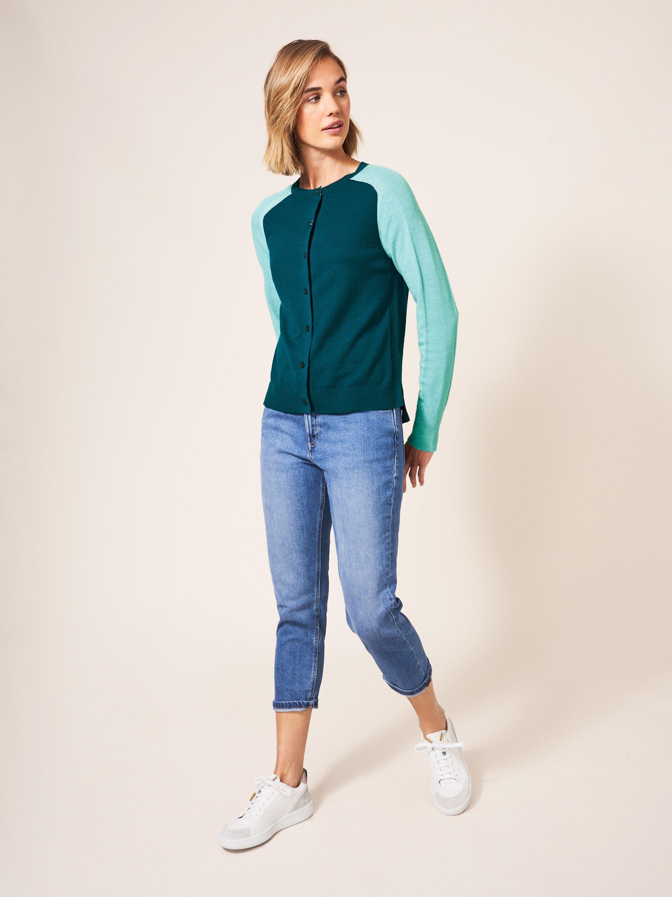 Libby Crew Neck Cardi in MID TEAL - MODEL FRONT