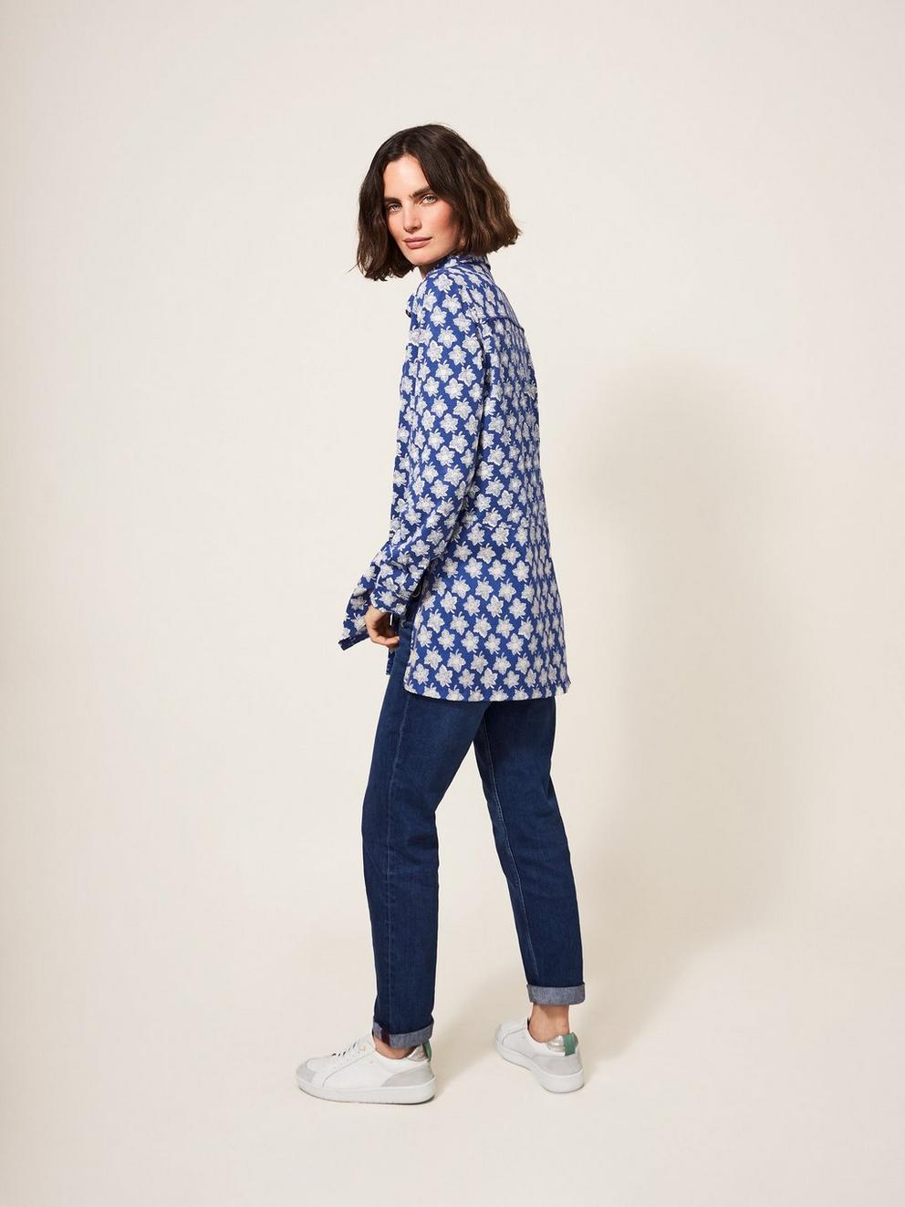 Lottie Longline Mix Shirt in BLUE PR - MODEL BACK