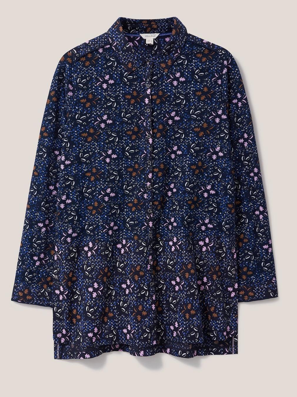 Lottie Longline Mix Shirt in NAVY MULTI - FLAT FRONT