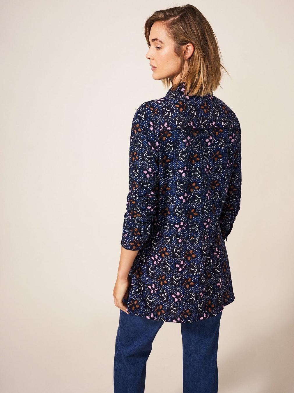 Lottie Longline Mix Shirt in NAVY MULTI - MODEL BACK