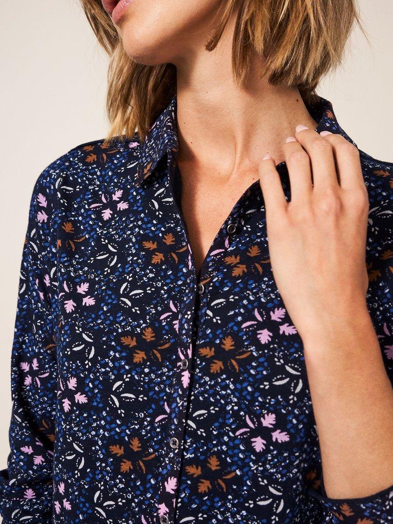 Lottie Longline Mix Shirt in NAVY MULTI - MODEL DETAIL