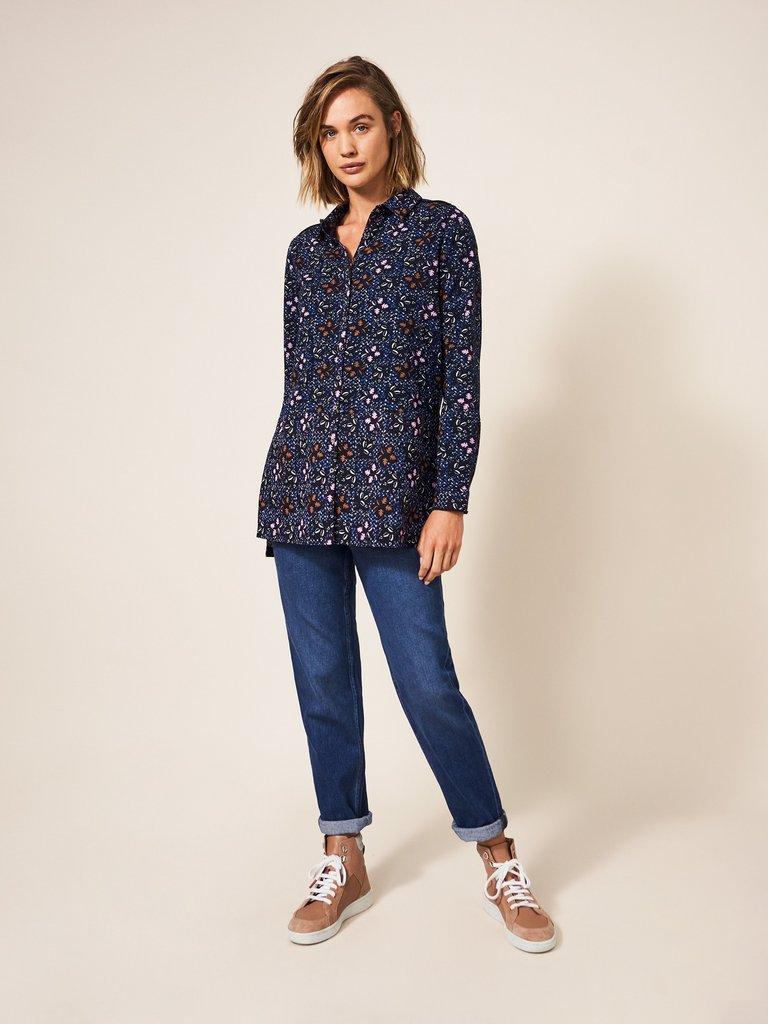 Lottie Longline Mix Shirt in NAVY MULTI - MODEL FRONT