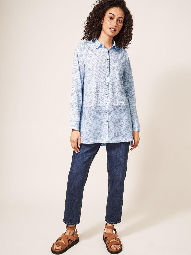 Lottie Longline Mix Shirt in WHITE MLT - MODEL FRONT