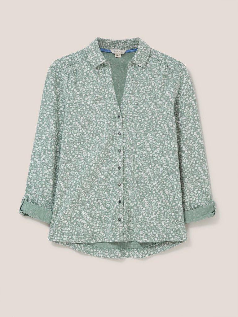Annie Long Sleeve Collared Jersey Shirt in GREEN MLT - FLAT FRONT