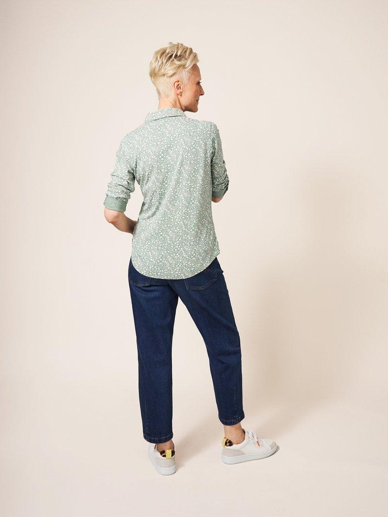Annie Long Sleeve Collared Jersey Shirt in GREEN MLT - MODEL BACK