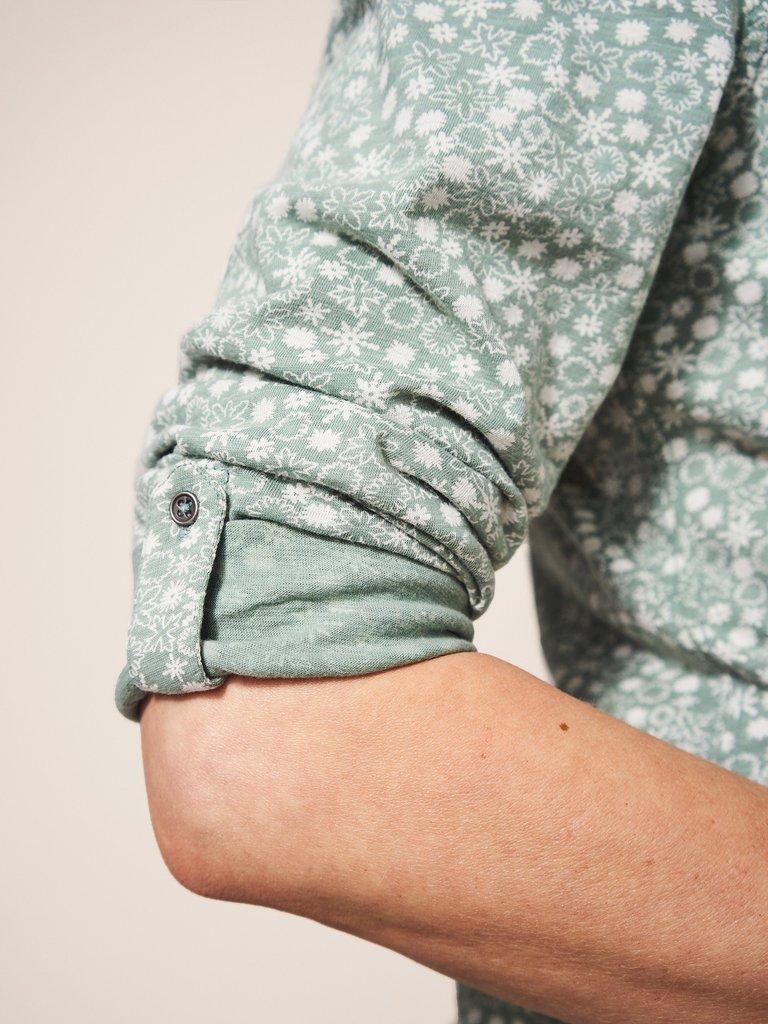 Annie Long Sleeve Collared Jersey Shirt in GREEN MLT - MODEL DETAIL