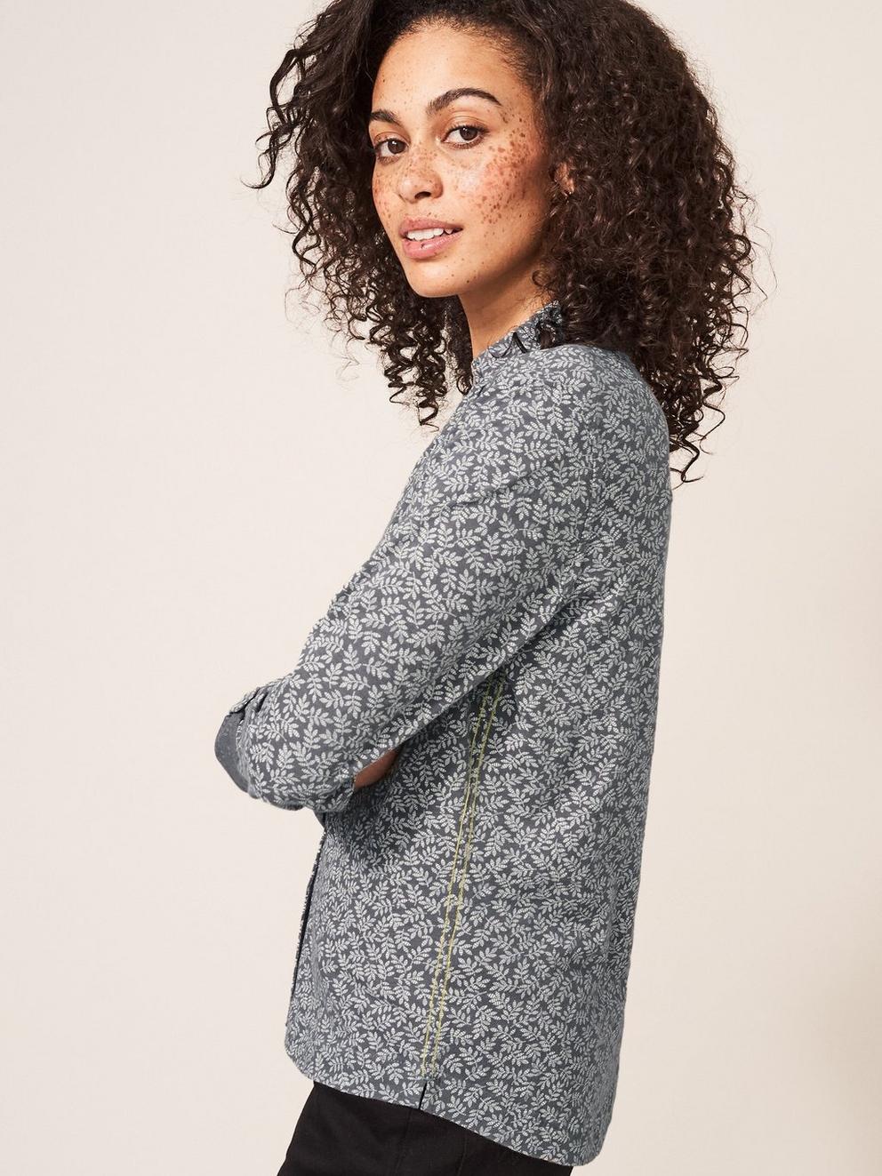 Annie Long Sleeve Collared Jersey Shirt in GREY MLT - MODEL BACK