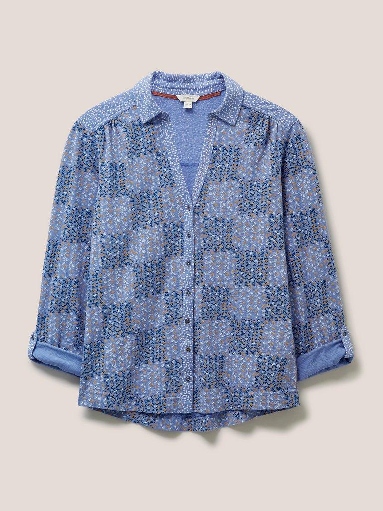 Annie Long Sleeve Collared Jersey Shirt in WHITE MLT - FLAT FRONT