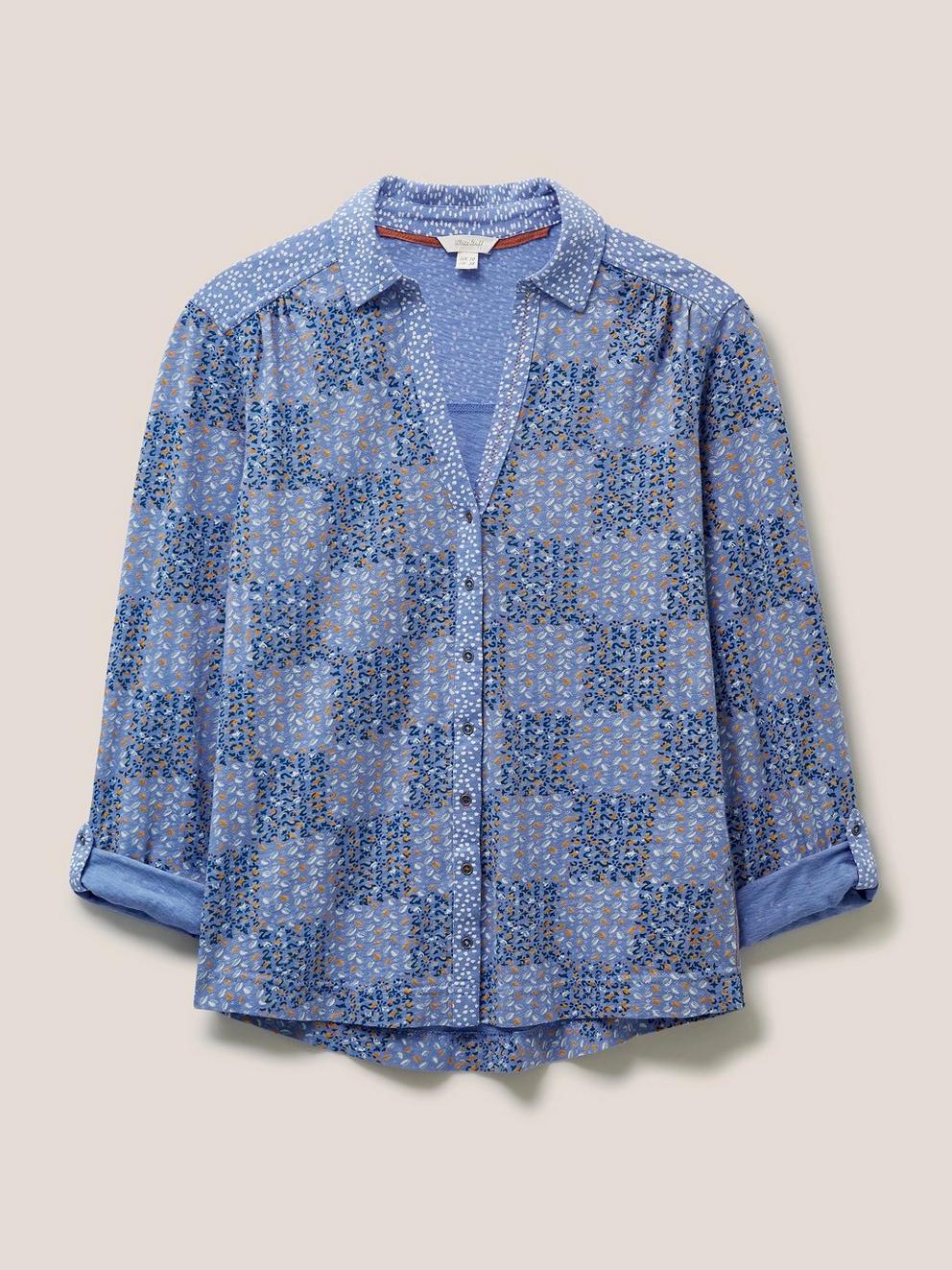 Annie Long Sleeve Collared Jersey Shirt in WHITE MLT - FLAT FRONT