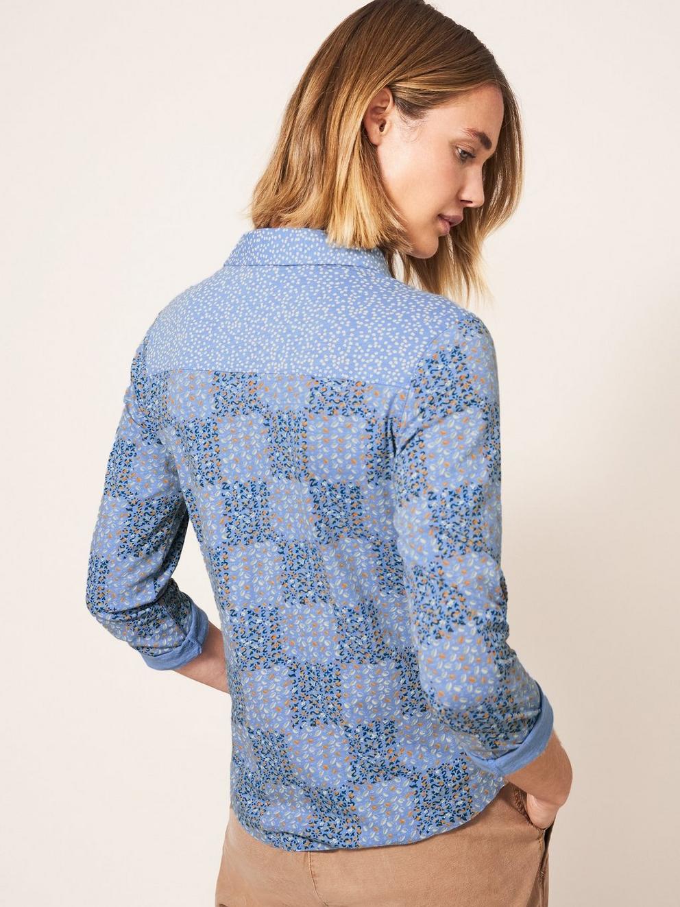 Annie Long Sleeve Collared Jersey Shirt in WHITE MLT - MODEL BACK