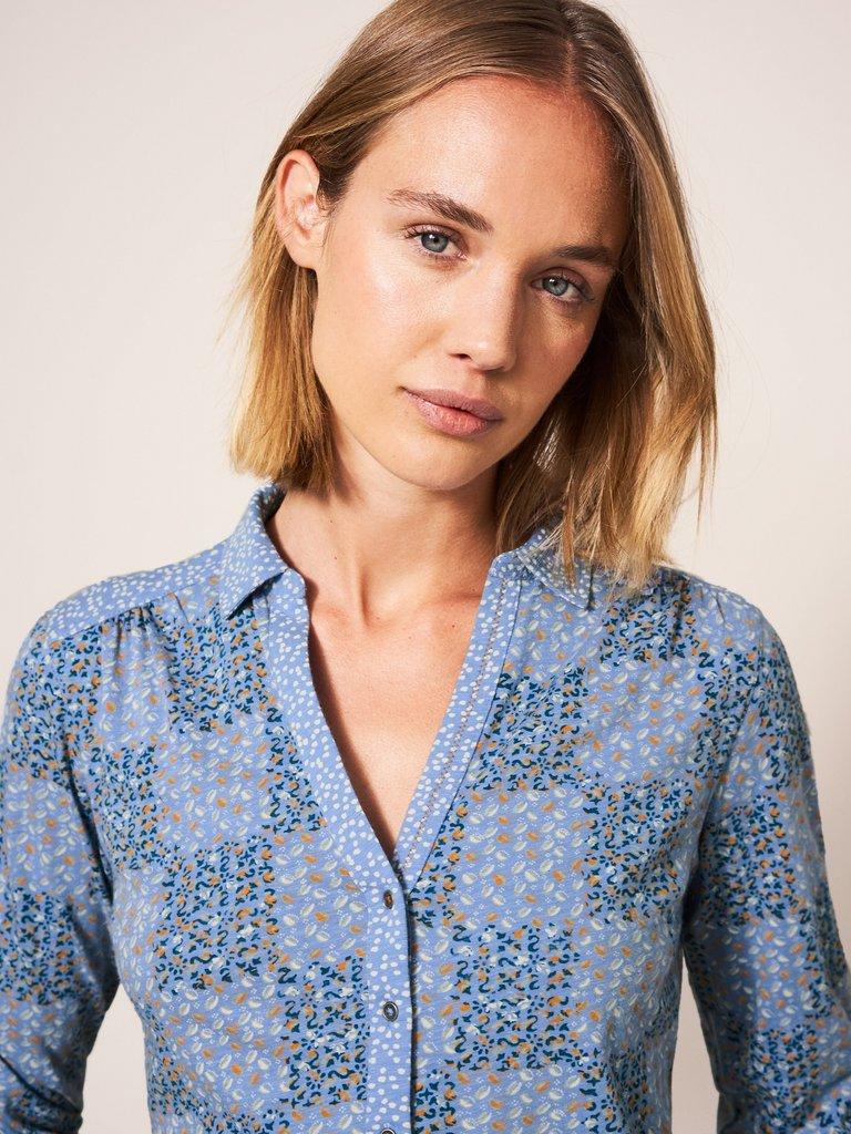 Annie Long Sleeve Collared Jersey Shirt in WHITE MLT - MODEL DETAIL