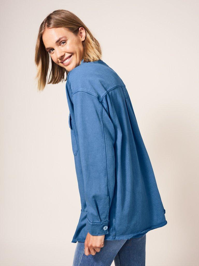 Evie Longline Sweat Jacket in INDIGO BLE - MODEL BACK