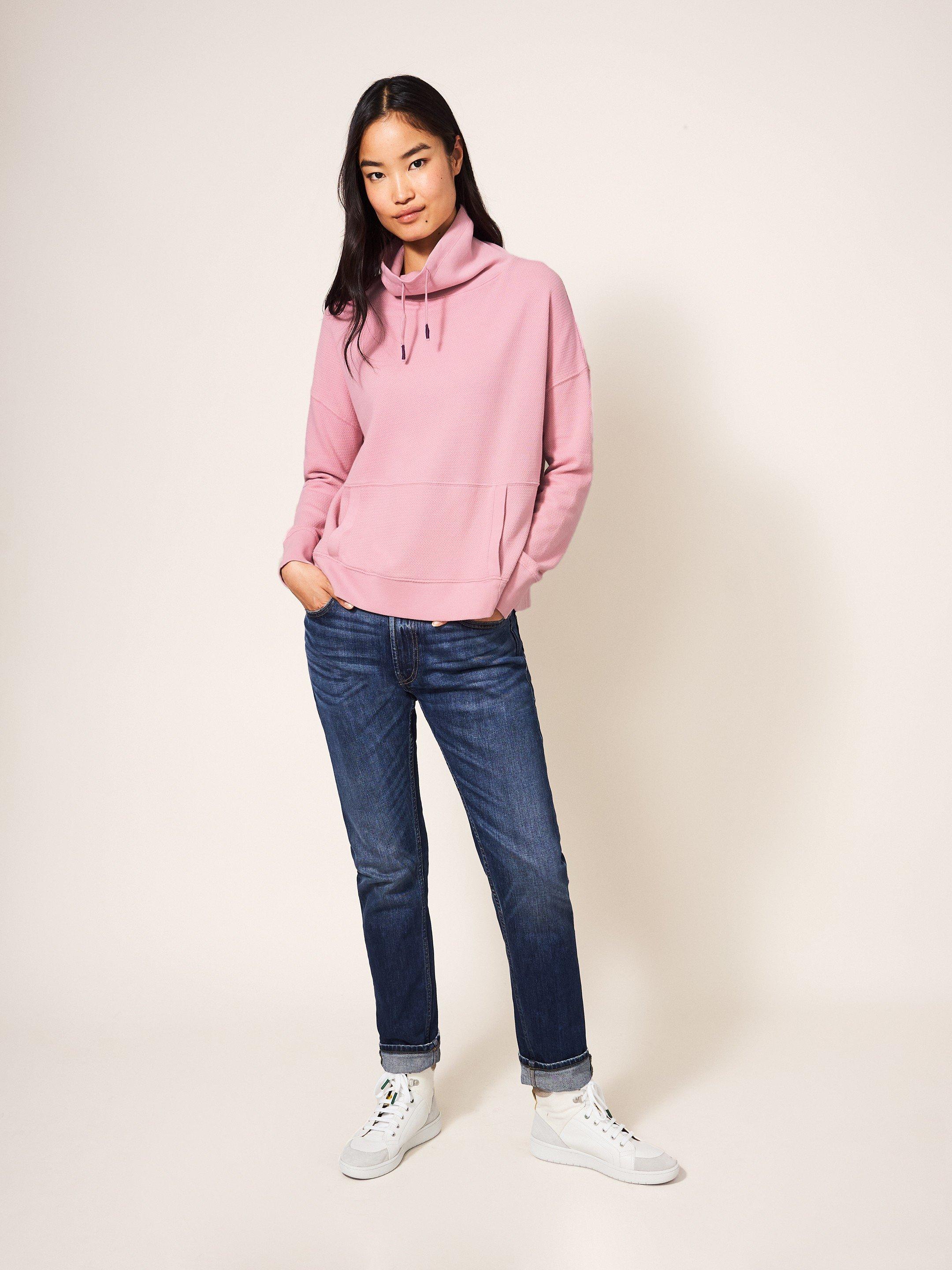 Funnel Sweat Top in DK PINK - MODEL FRONT