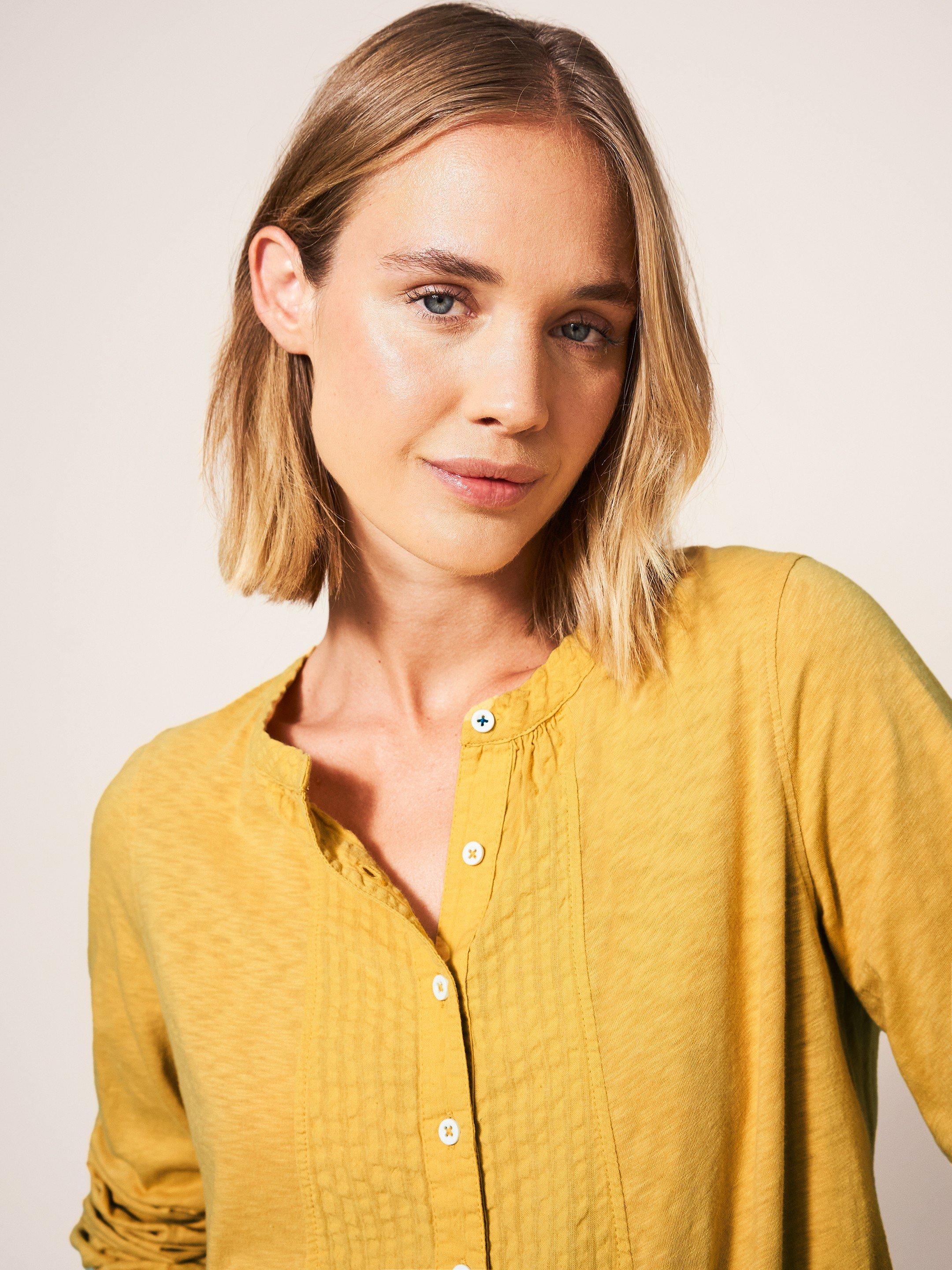 Woodland Button Through Top in MID YELLOW - MODEL DETAIL