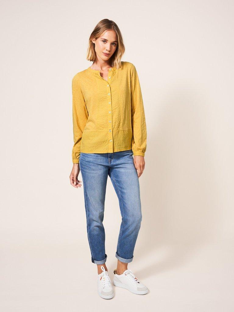 Woodland Button Through Top in MID YELLOW - MODEL FRONT