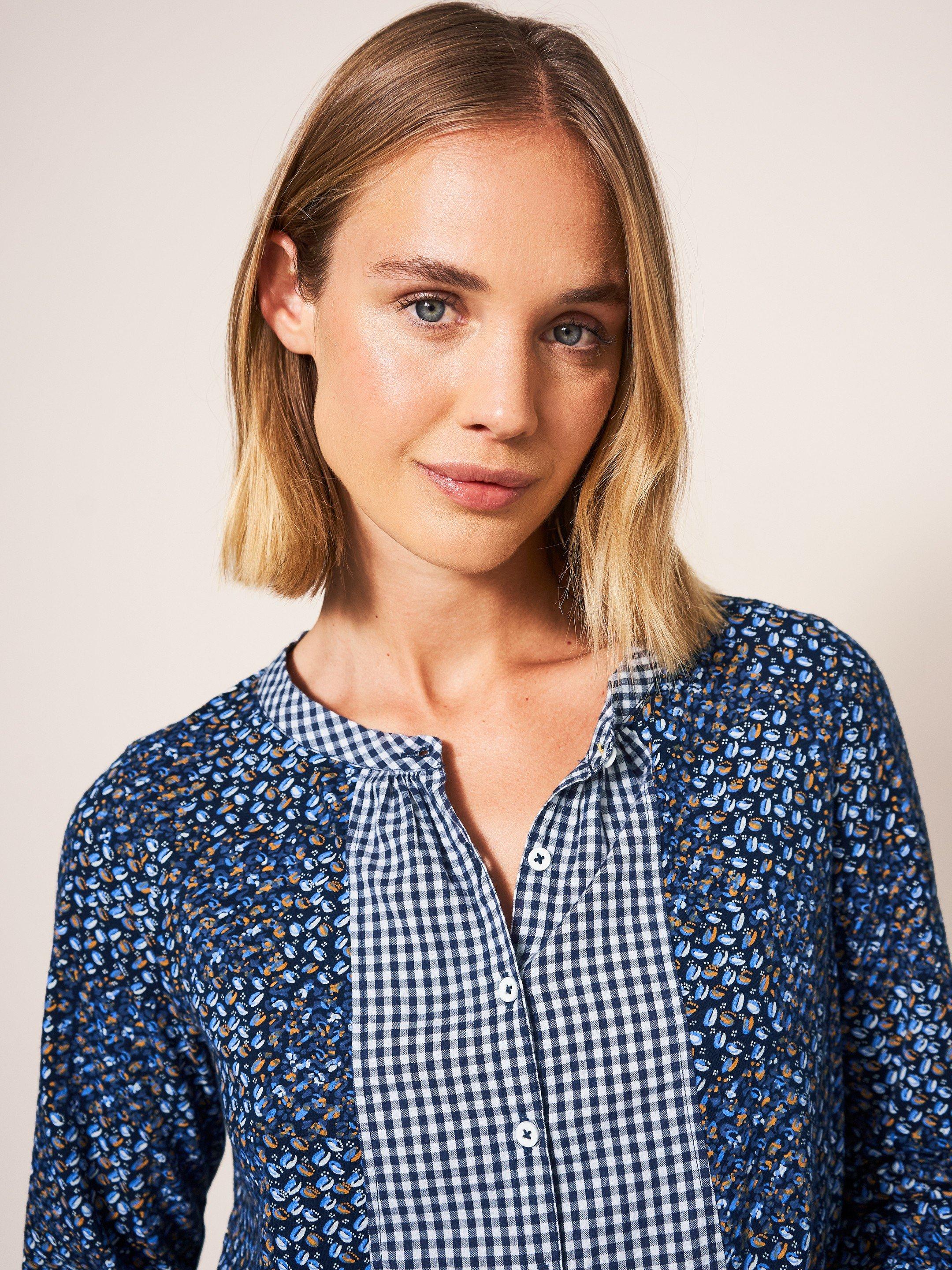 Woodland Button Through Top in NAVY MULTI - MODEL DETAIL