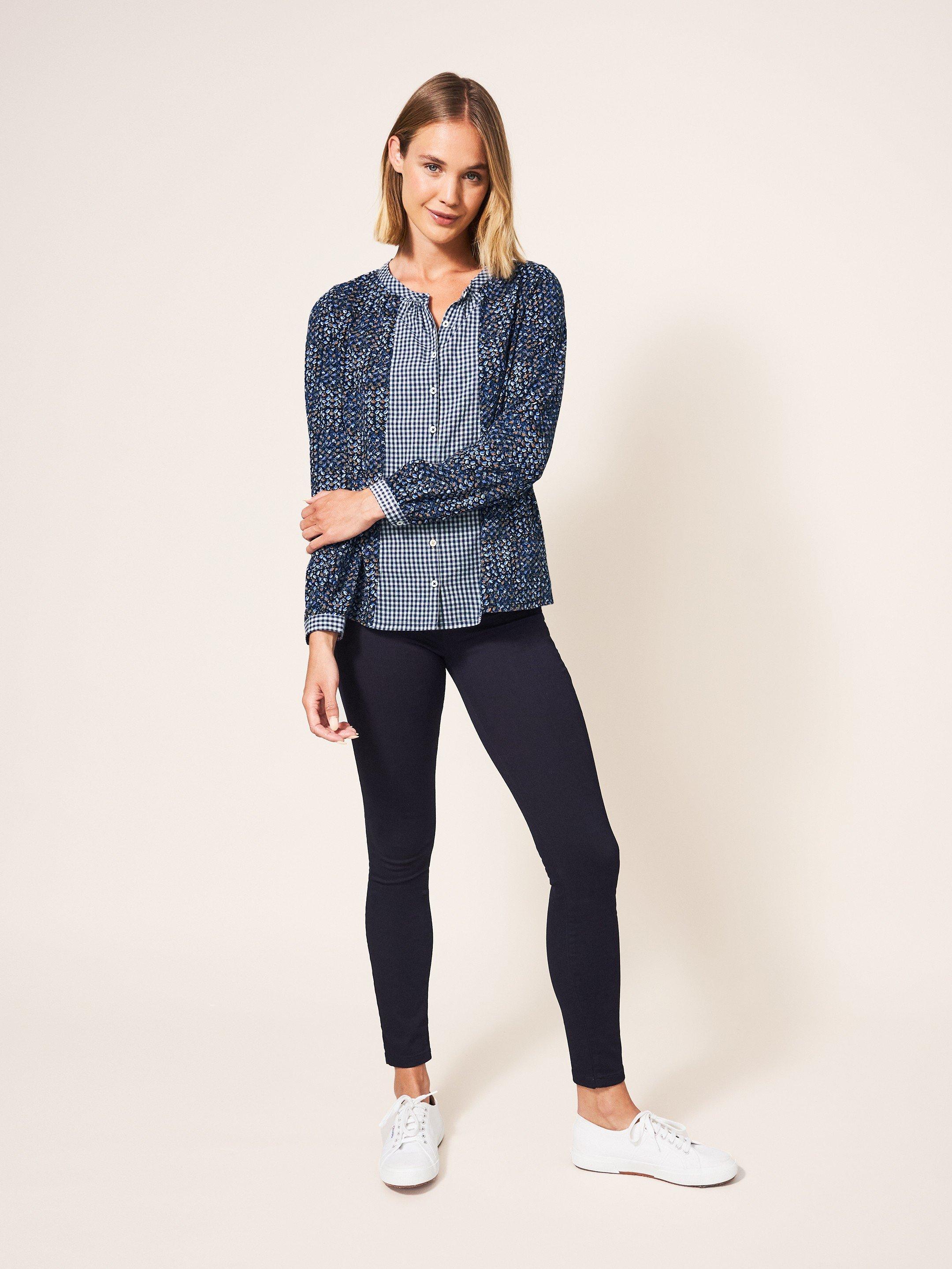 Woodland Button Through Top in NAVY MULTI - MODEL FRONT
