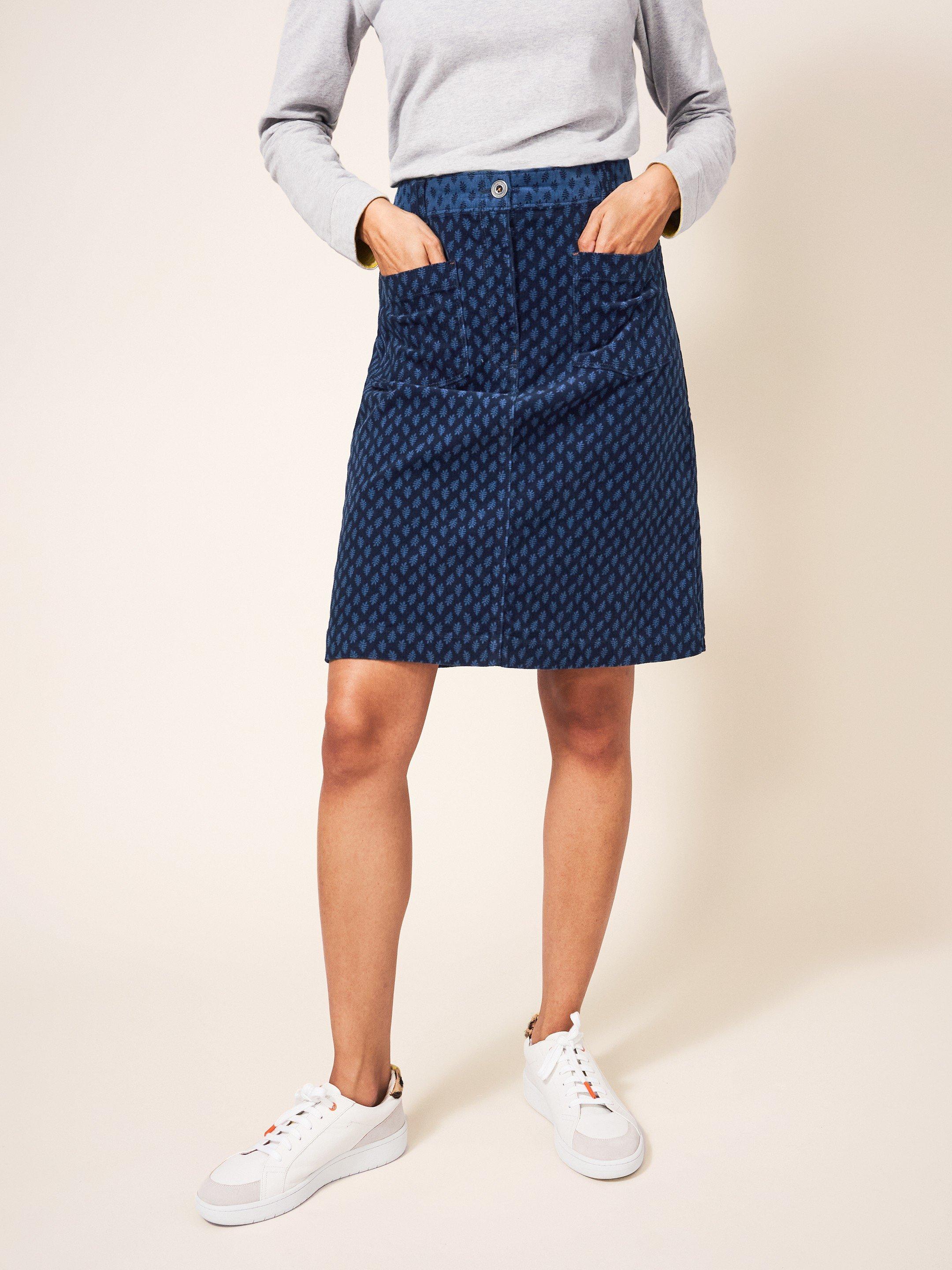 Melody Organic Cord Skirt in BLUE MLT - MODEL FRONT