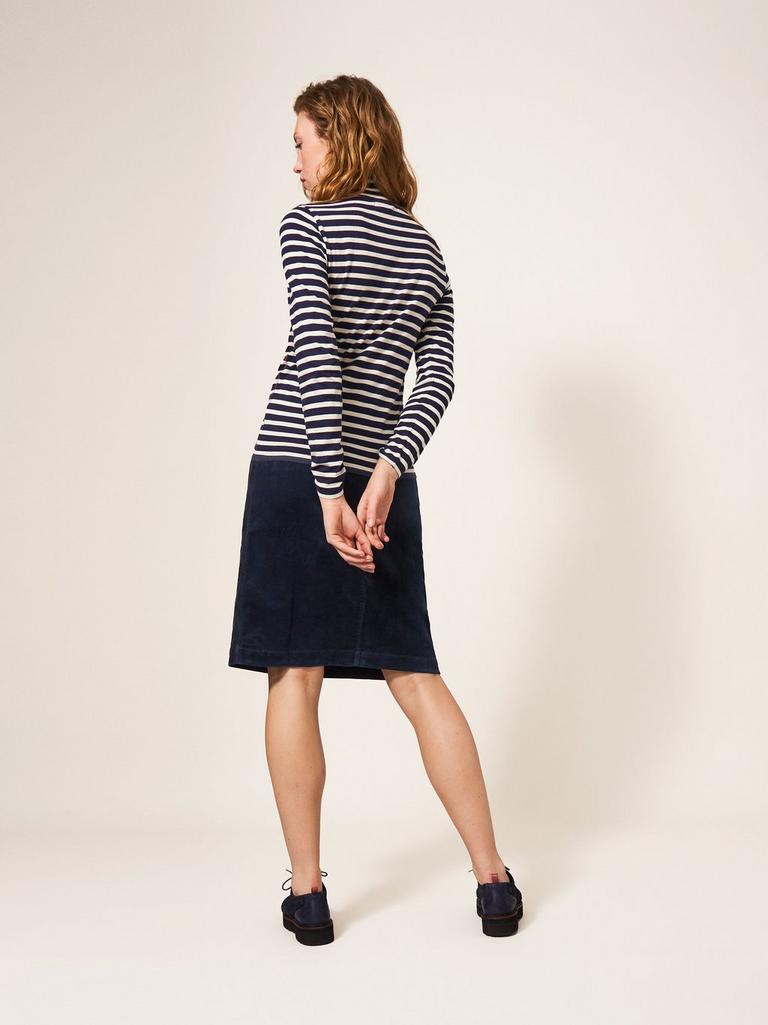 Melody Organic Cord Skirt in DARK NAVY - MODEL BACK
