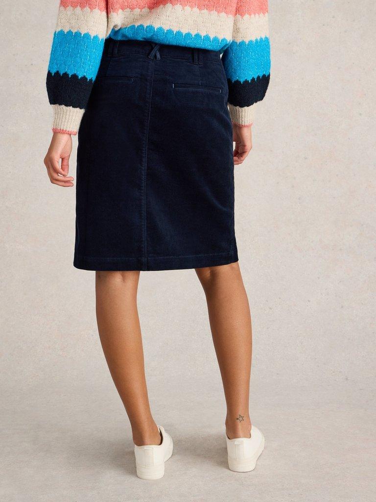 Melody Organic Cord Skirt in DARK NAVY - MODEL BACK