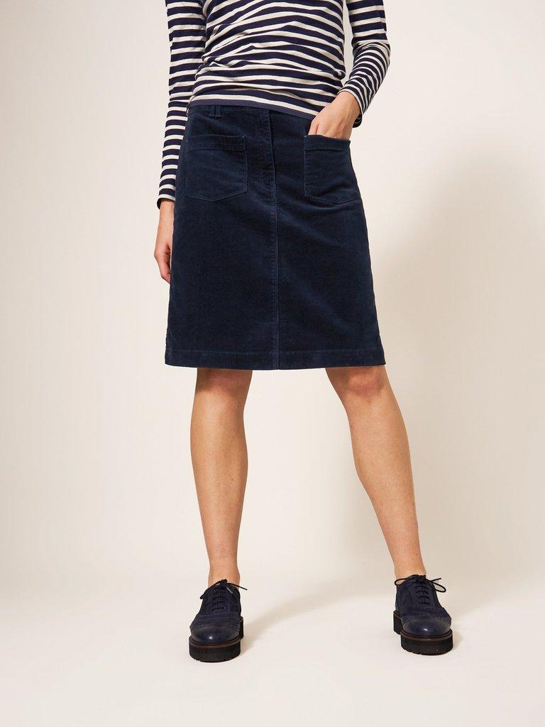 Melody Organic Cord Skirt in DARK NAVY - MODEL FRONT