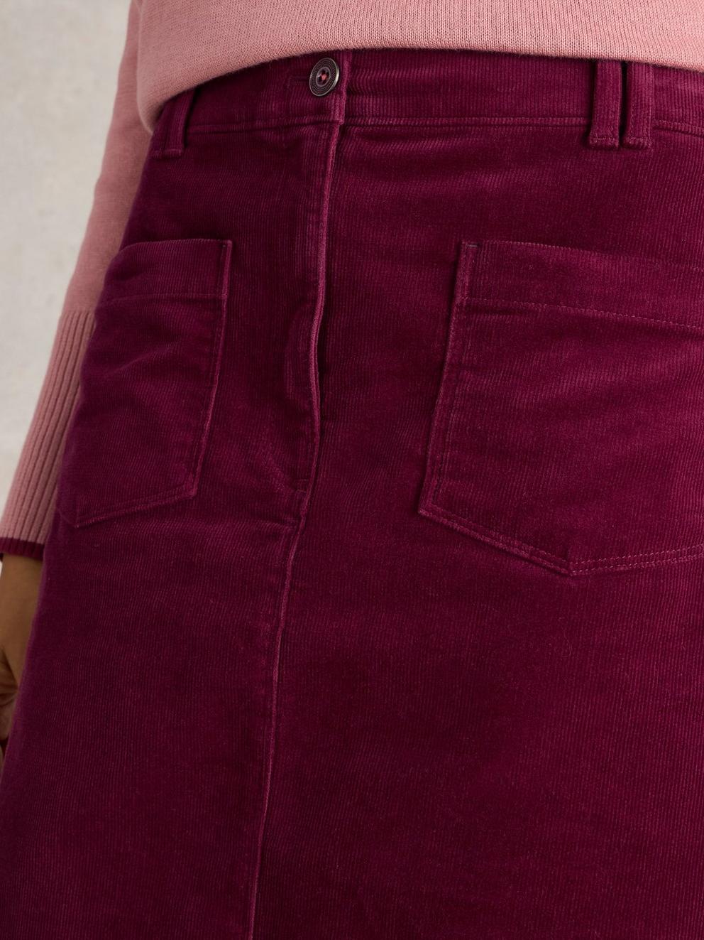Melody Organic Cord Skirt in DEEP RED - MODEL DETAIL