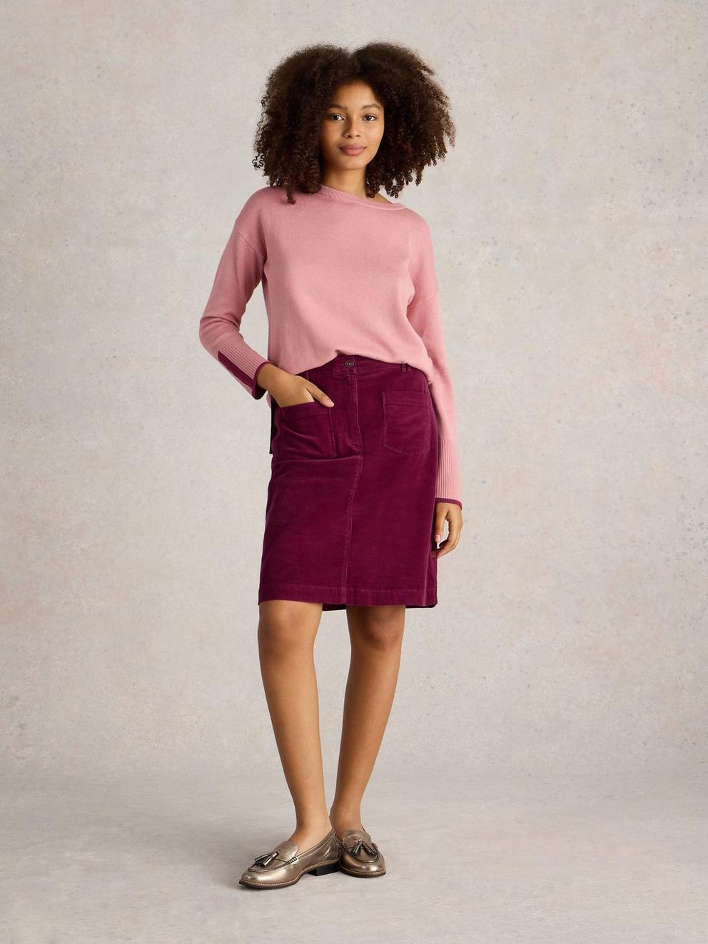 Melody Organic Cord Skirt in DEEP RED - MODEL FRONT