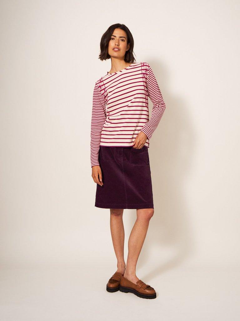 Melody Organic Cord Skirt in DK PLUM - MODEL DETAIL