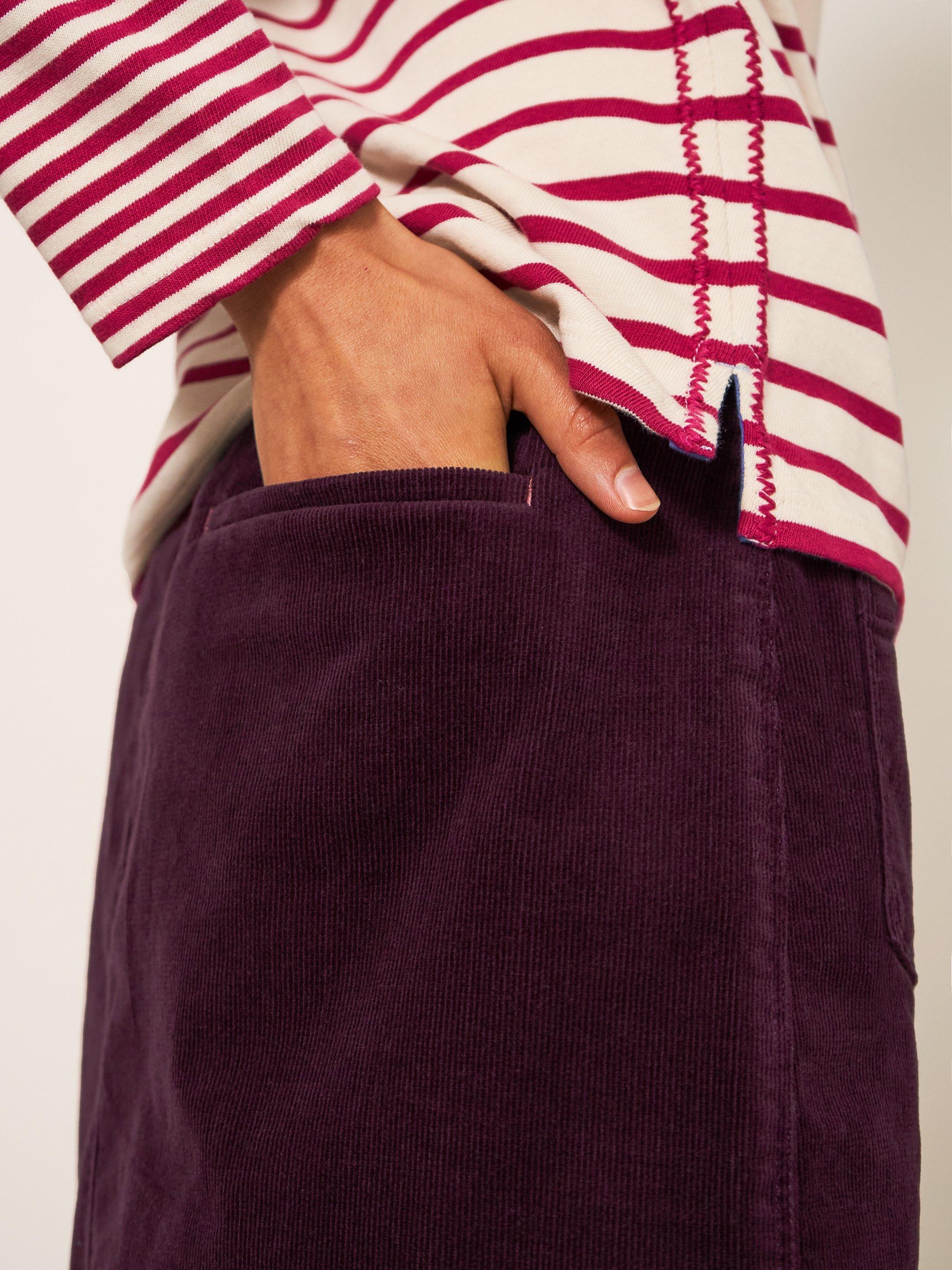 Melody Organic Cord Skirt in DK PLUM - MODEL FRONT