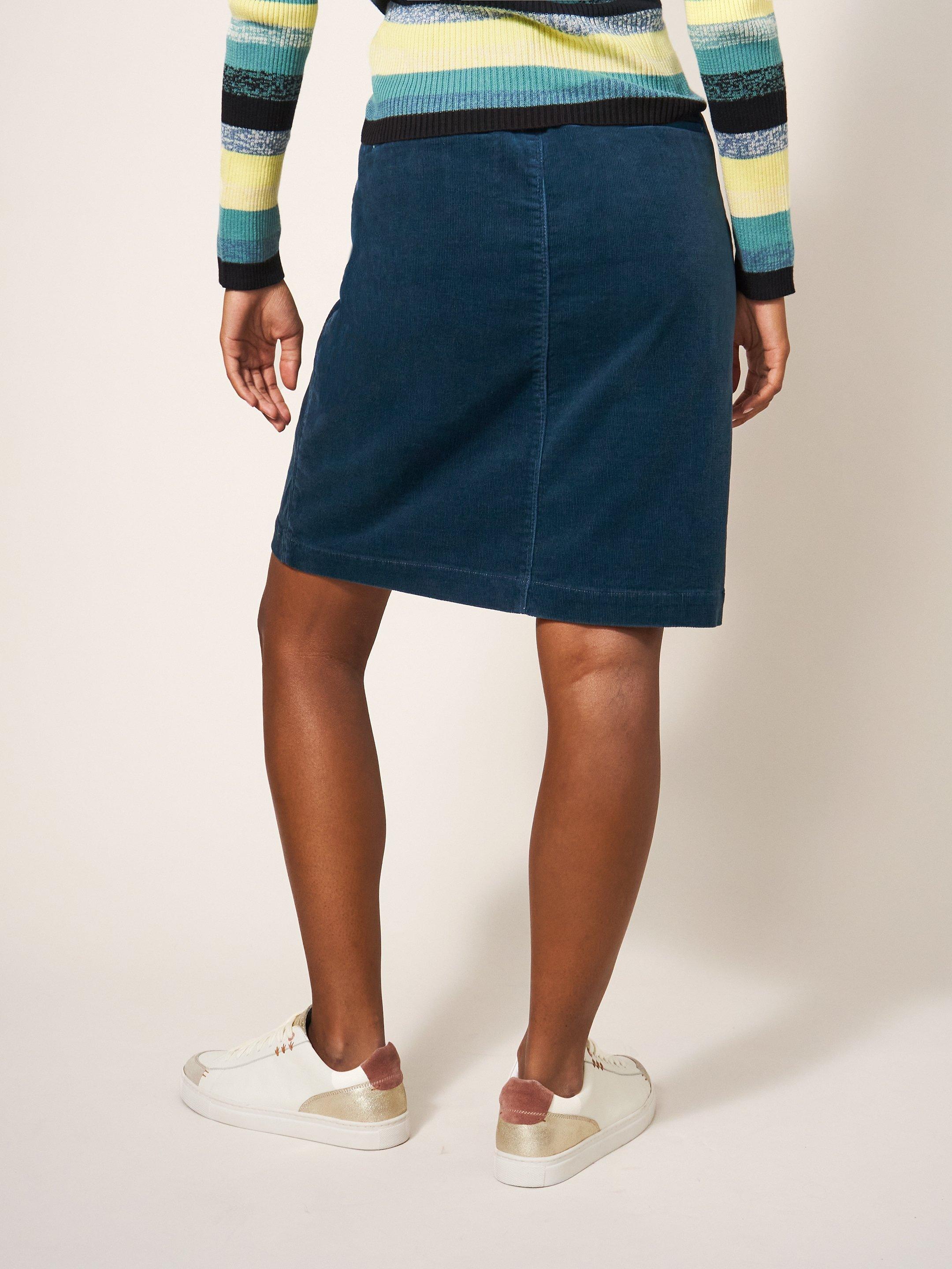 Melody Organic Cord Skirt in DK TEAL - MODEL BACK