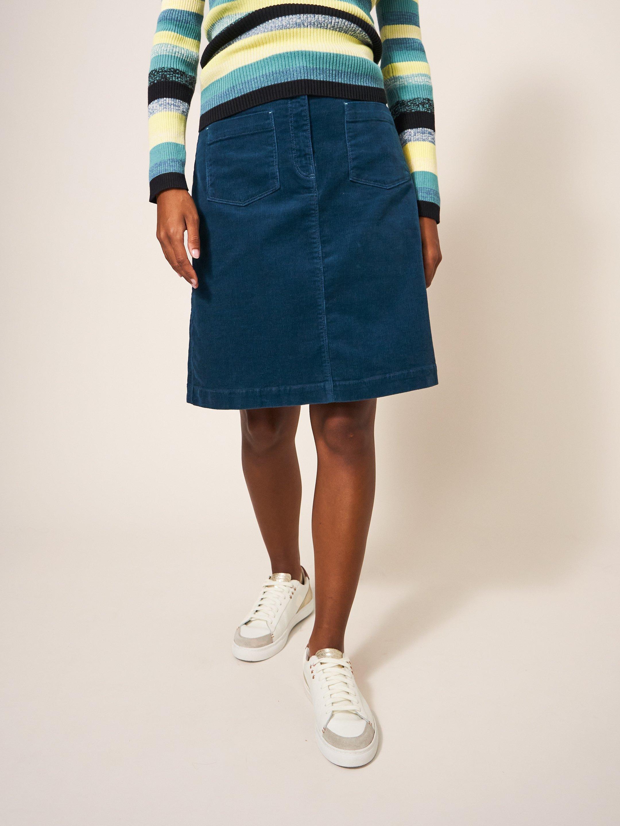 Melody Organic Cord Skirt in DK TEAL - MODEL DETAIL