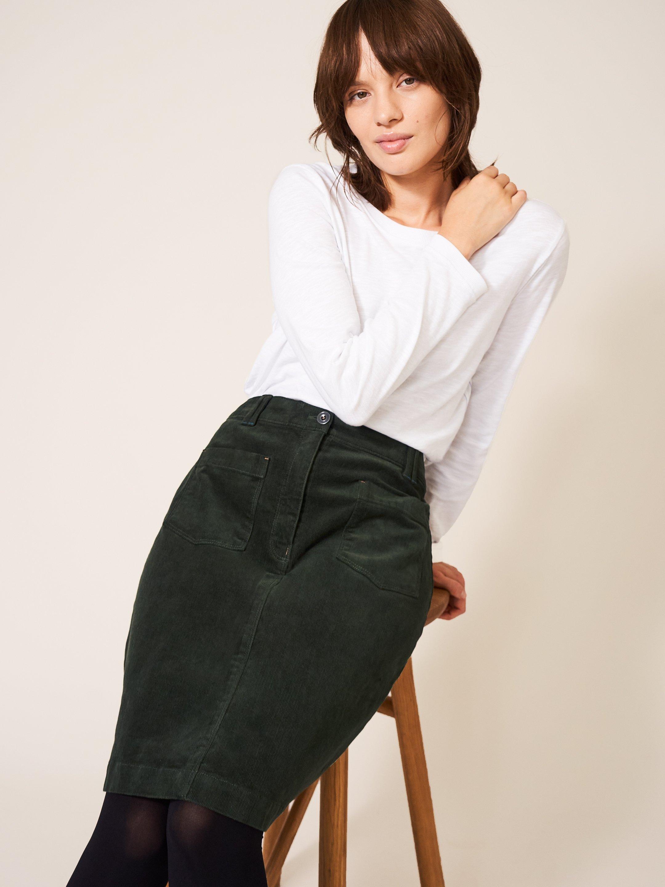 Melody Organic Cord Skirt in KHAKI GRN - LIFESTYLE