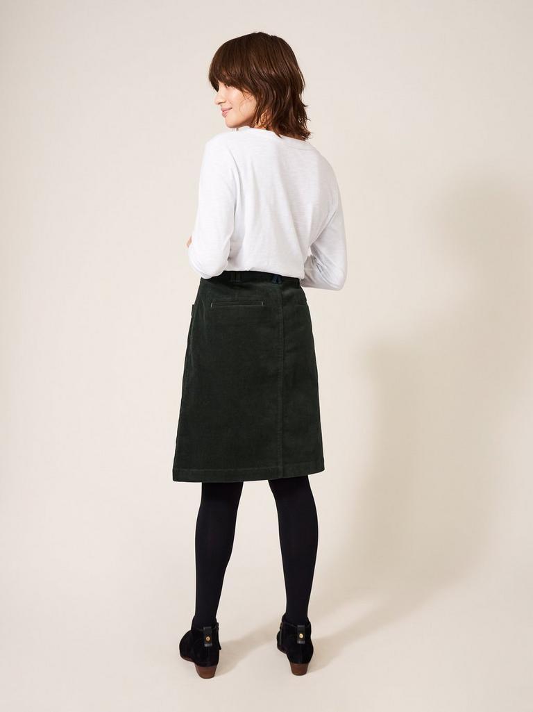 Melody Organic Cord Skirt in KHAKI GRN - MODEL BACK