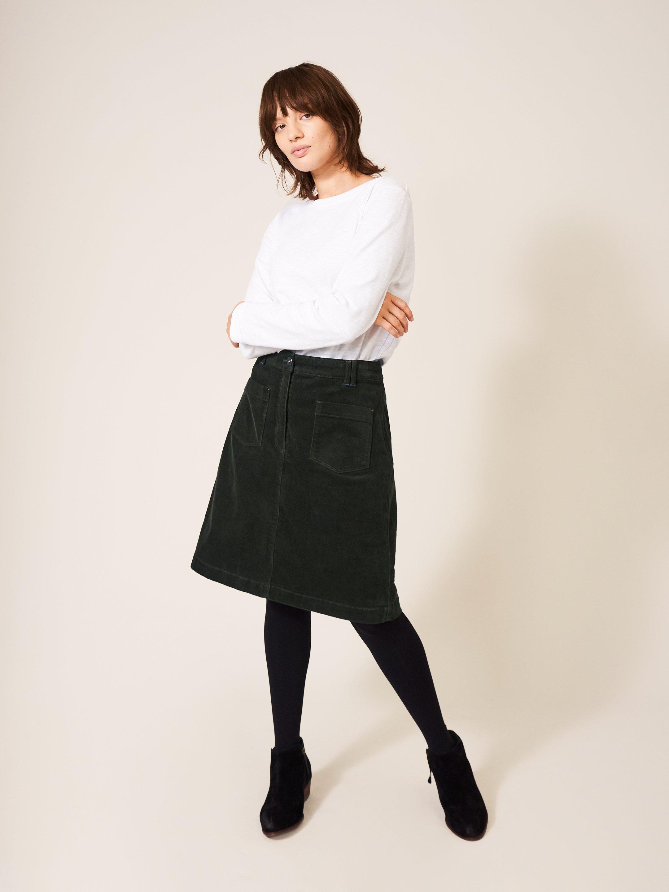 Melody Organic Cord Skirt in KHAKI GRN - MODEL DETAIL