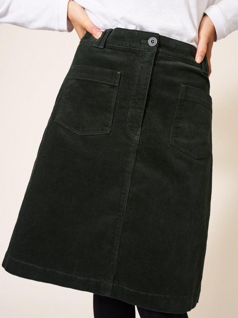 Melody Organic Cord Skirt in KHAKI GRN - MODEL FRONT