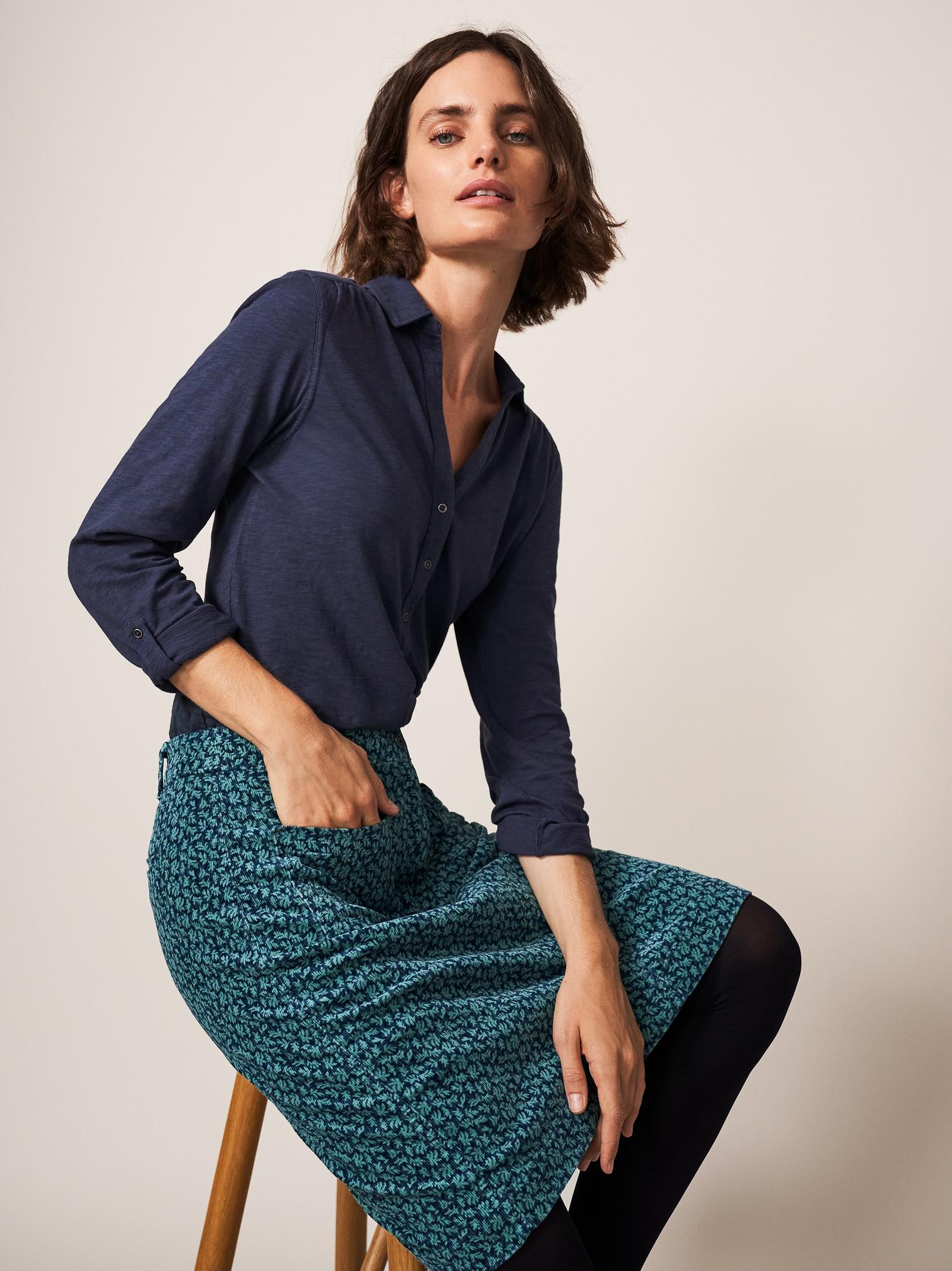 Melody Organic Cord Skirt in TEAL MLT - LIFESTYLE
