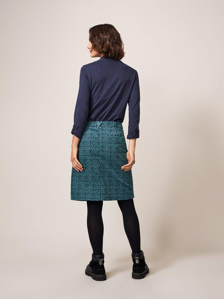 Melody Organic Cord Skirt in TEAL MLT - MODEL BACK