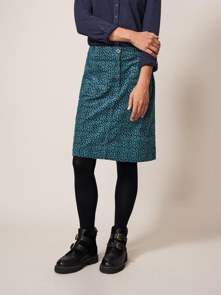 Melody Organic Cord Skirt in TEAL MLT - MODEL FRONT