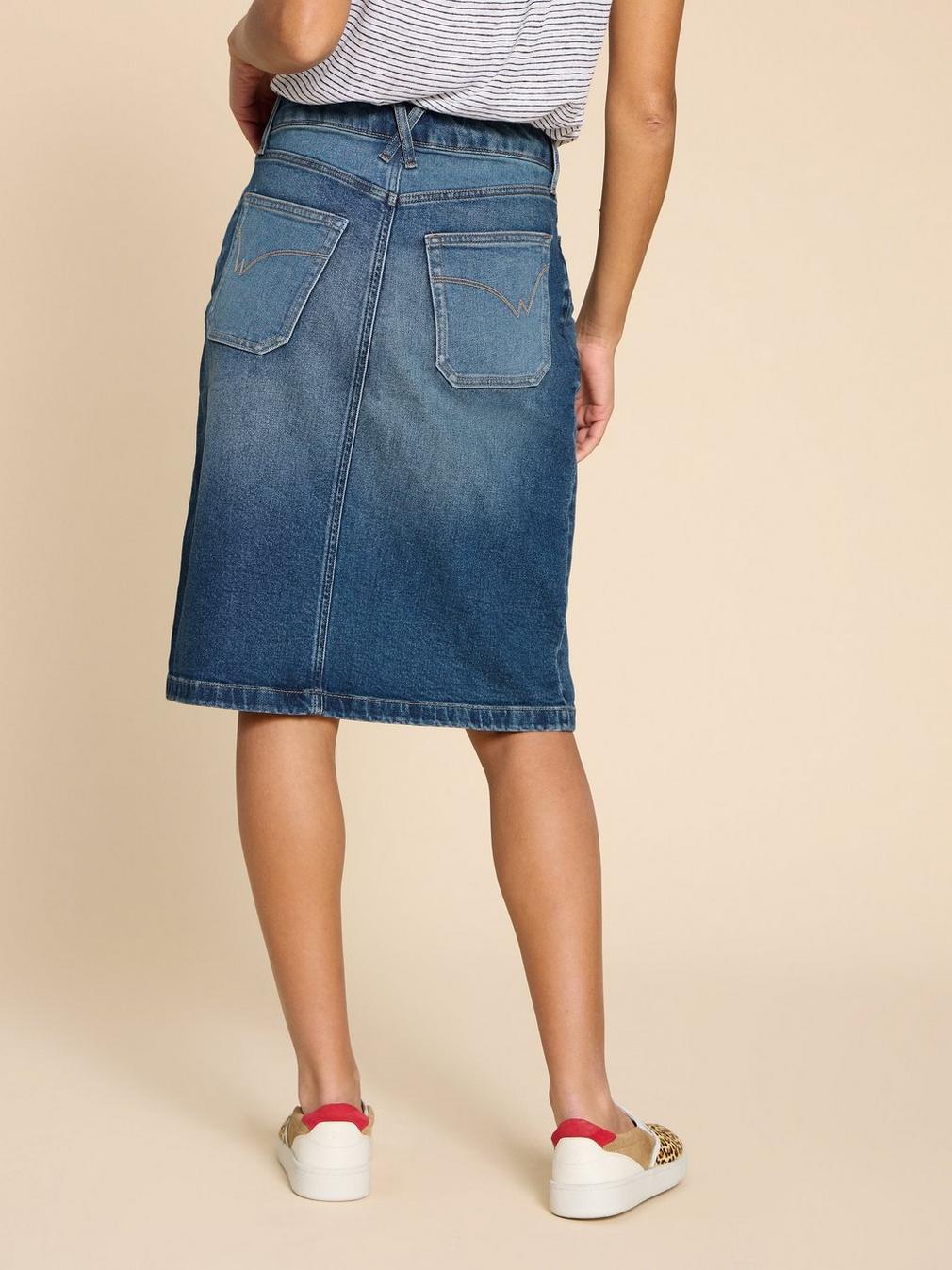 Jemma Denim Skirt in MID DENIM - MODEL BACK