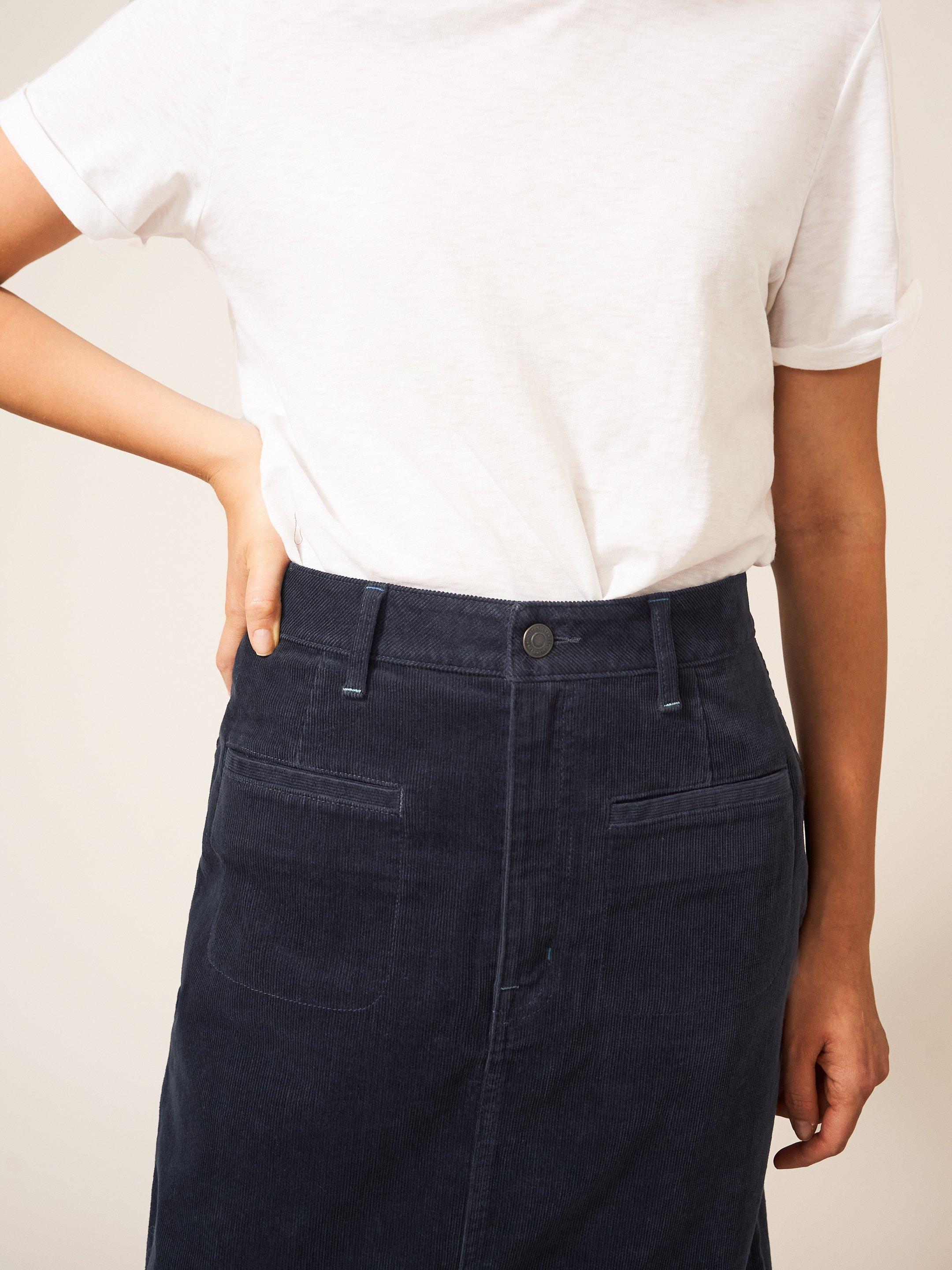 Poppy Organic Cord Midi Skirt in DK GREY - MODEL DETAIL