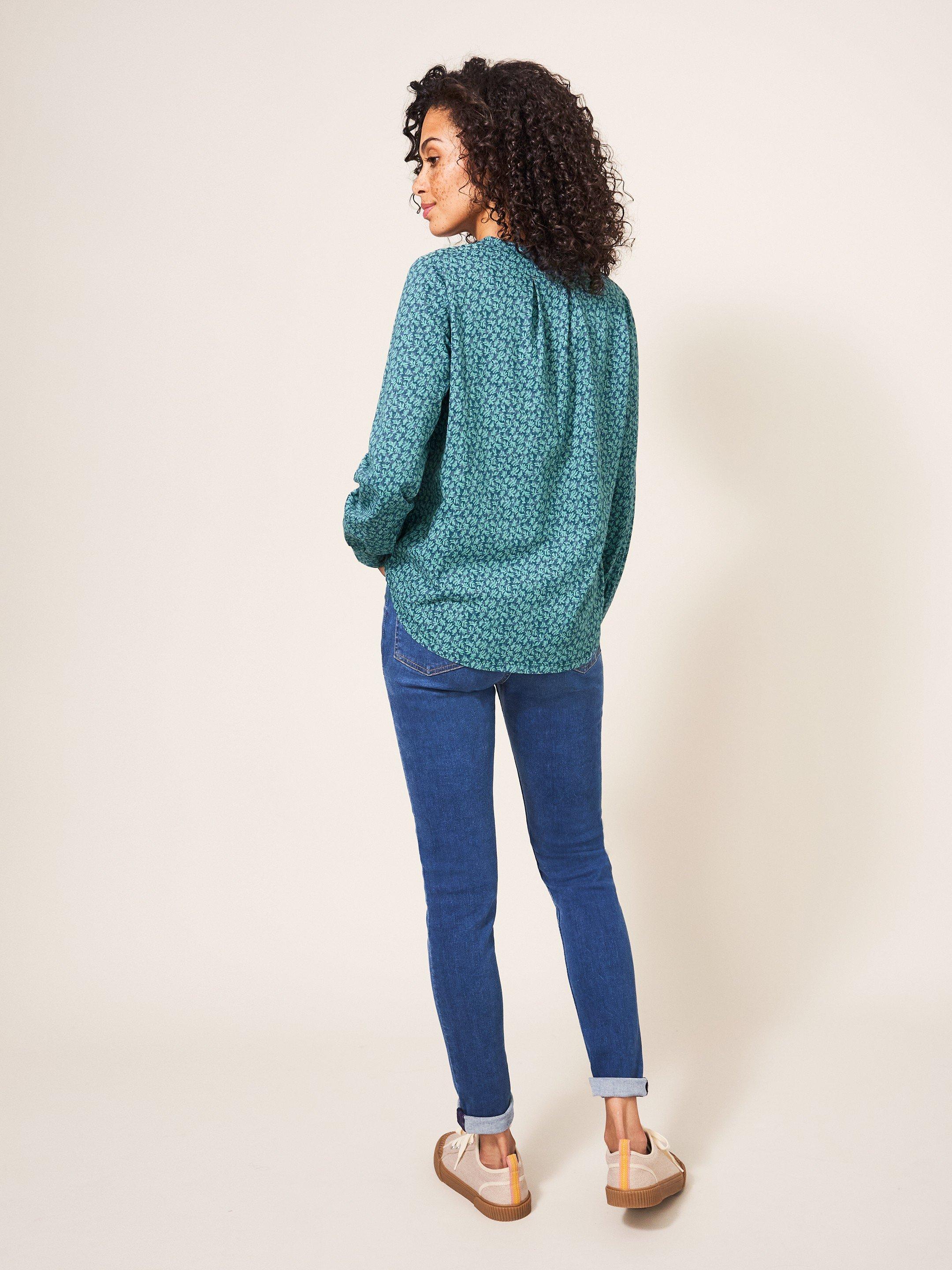 Belonging Button Through Top in TEAL MLT - MODEL BACK