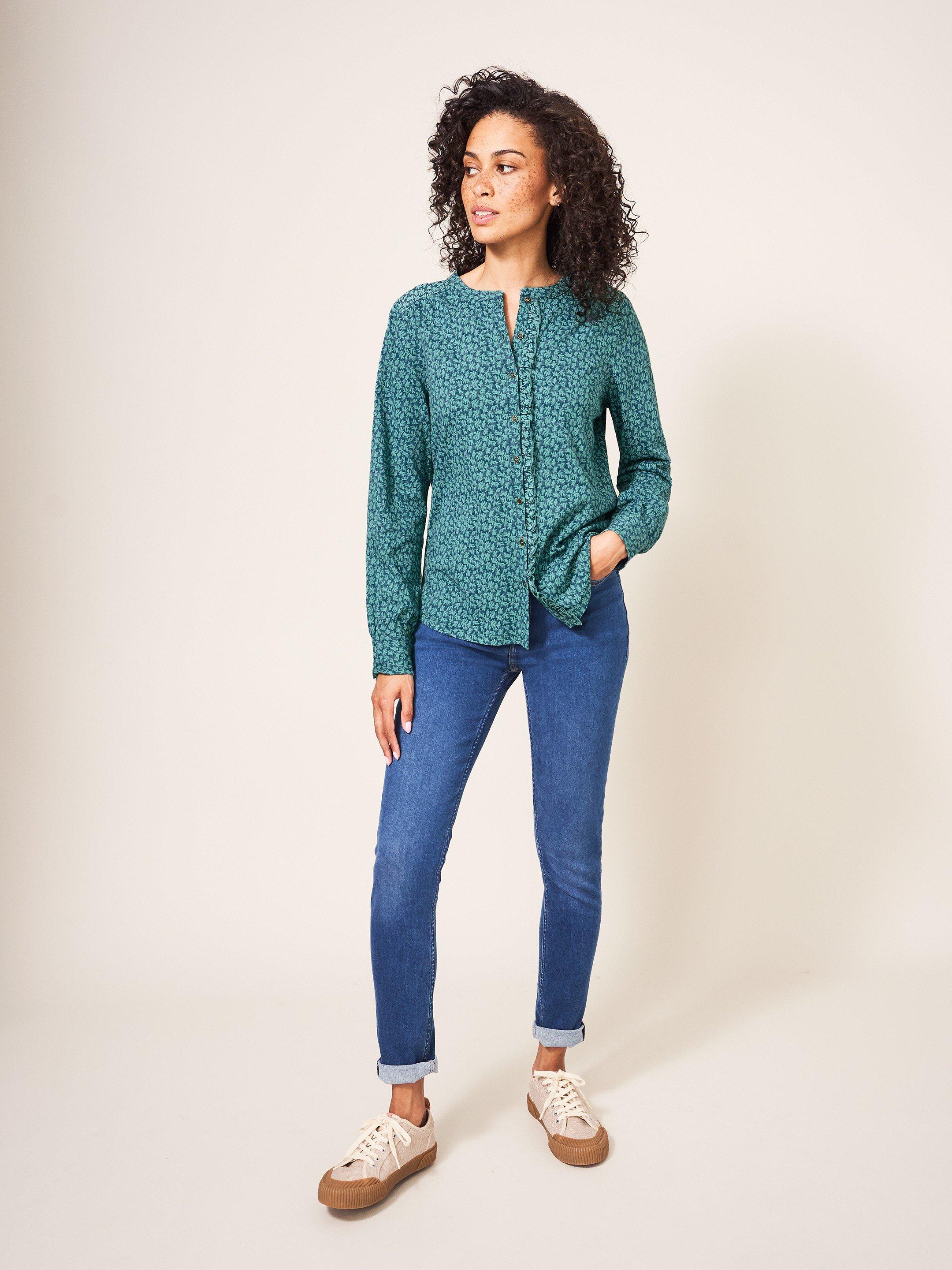 Belonging Button Through Top in TEAL MLT - MODEL FRONT