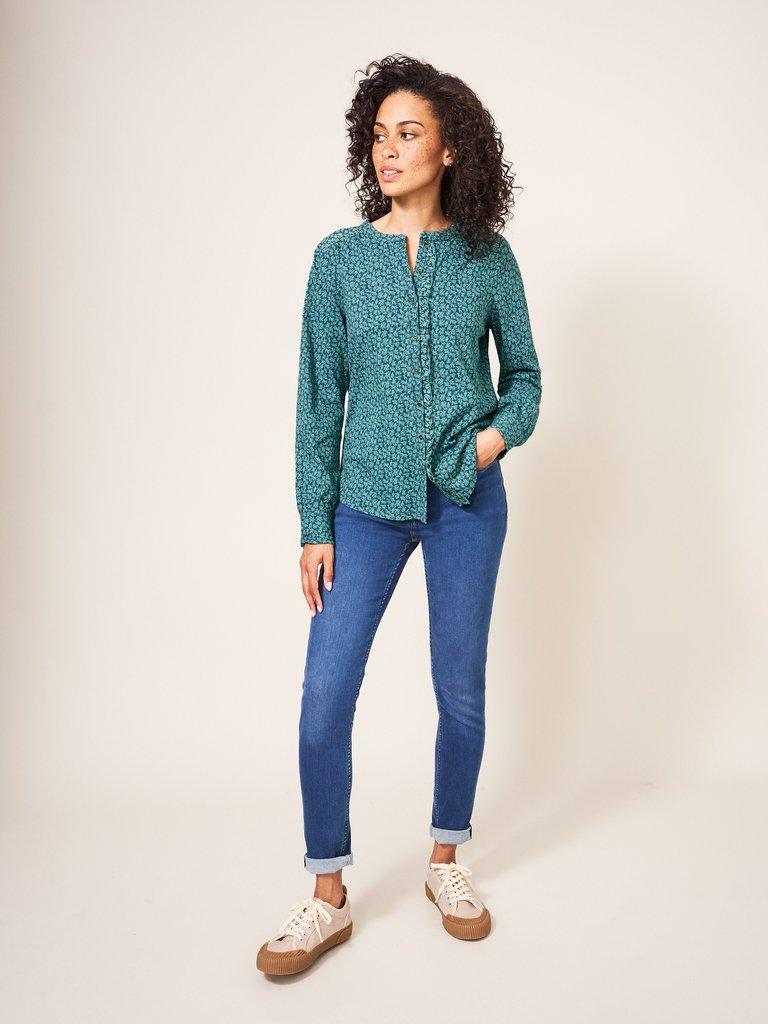 Belonging Button Through Top in TEAL MLT - MODEL FRONT