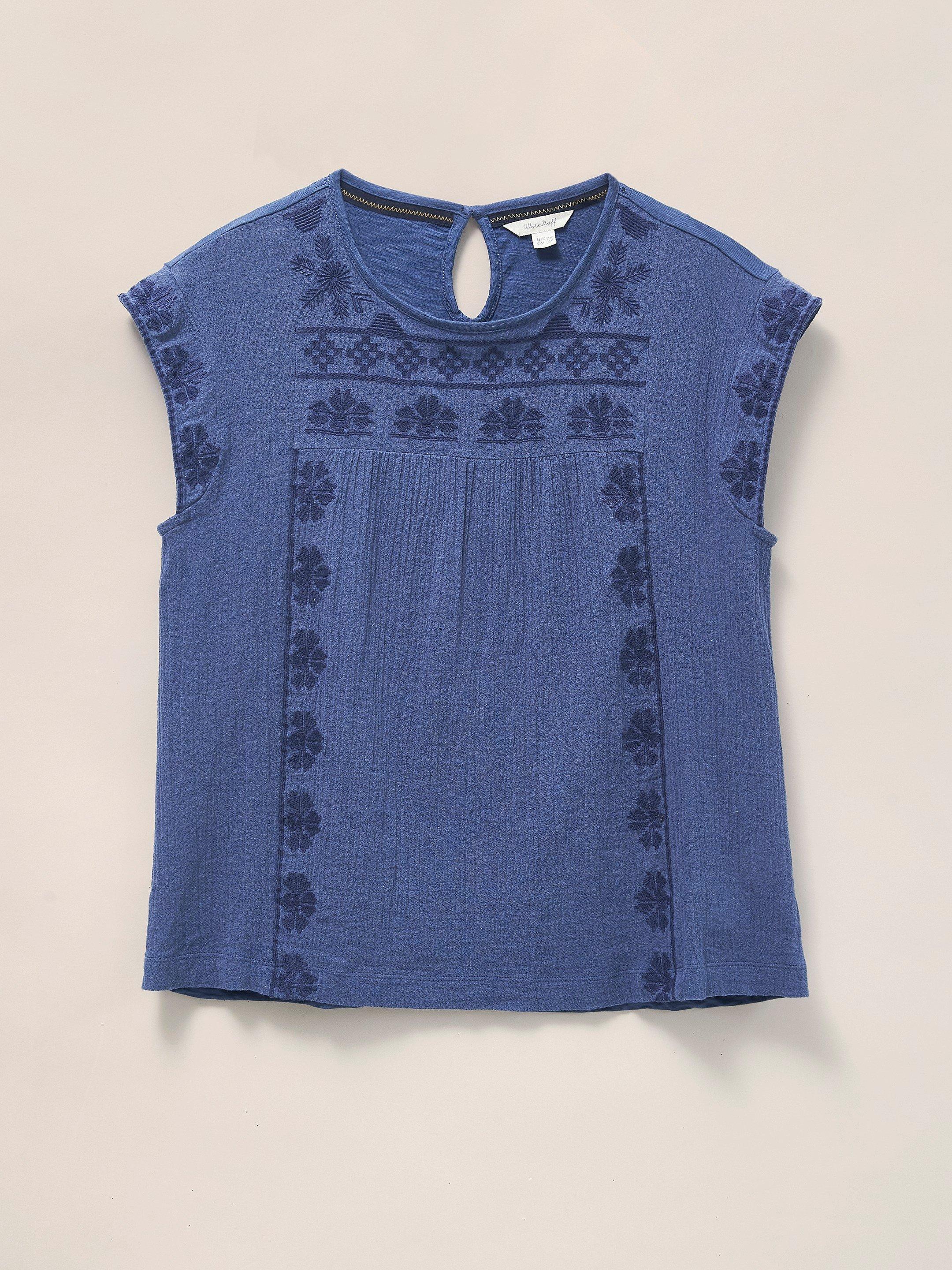 Zoe Embroidered Top in BLUE MLT - FLAT FRONT