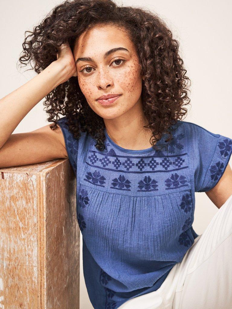 Zoe Embroidered Top in BLUE MLT - LIFESTYLE