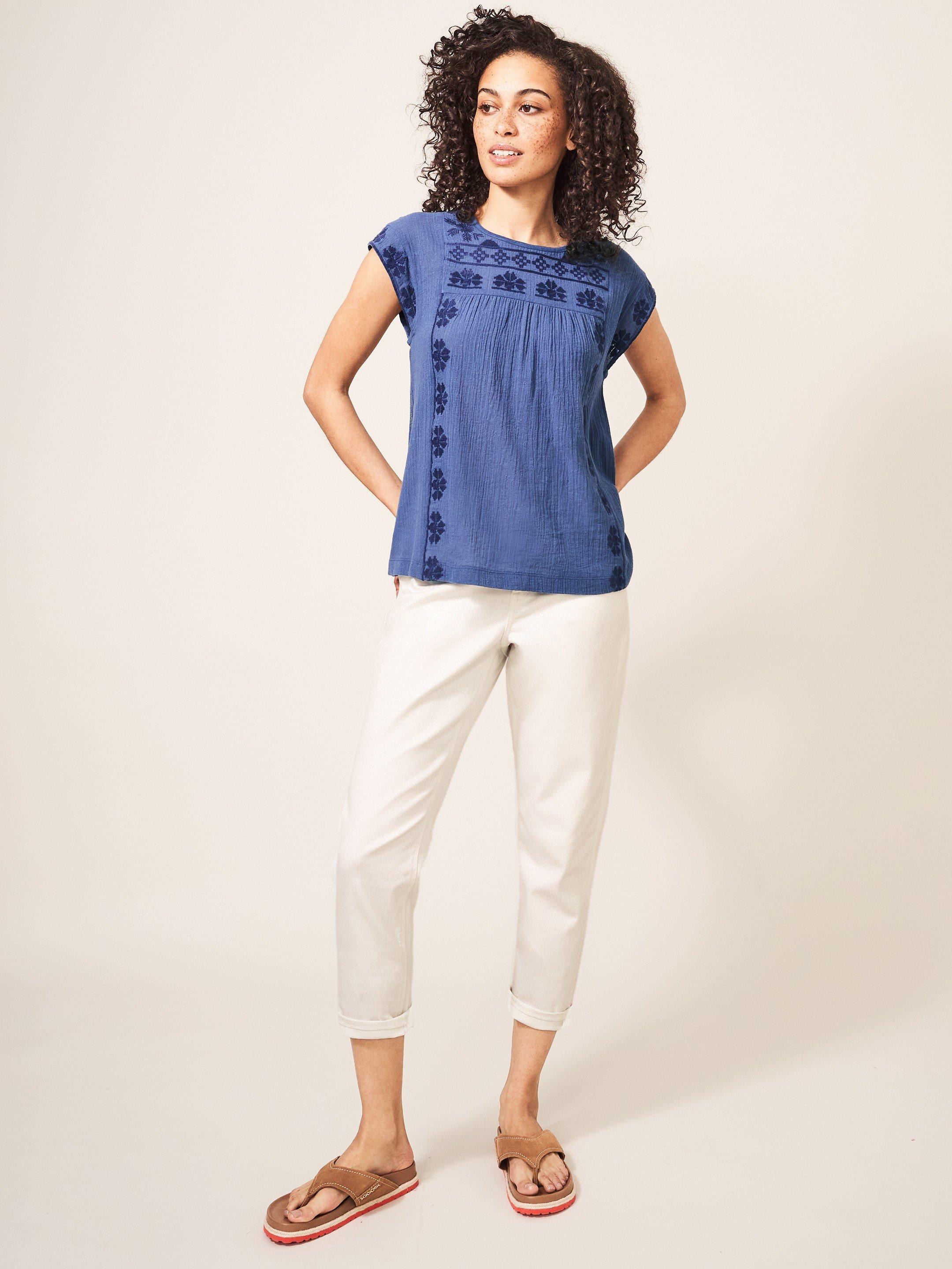 Zoe Embroidered Top in BLUE MLT - MODEL FRONT