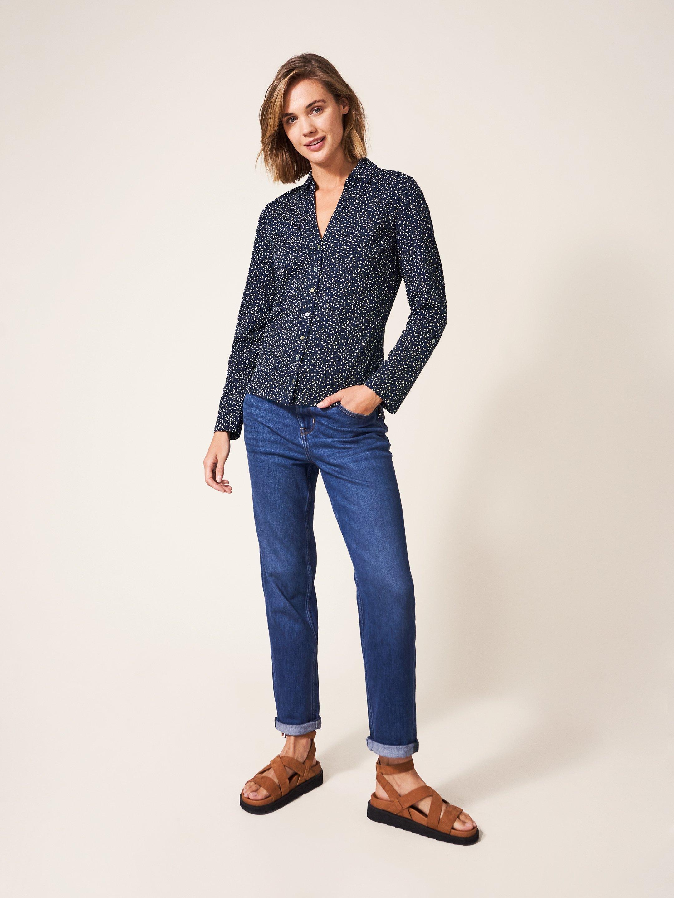 Annie Printed Jersey Shirt in NAVY MULTI - MODEL FRONT